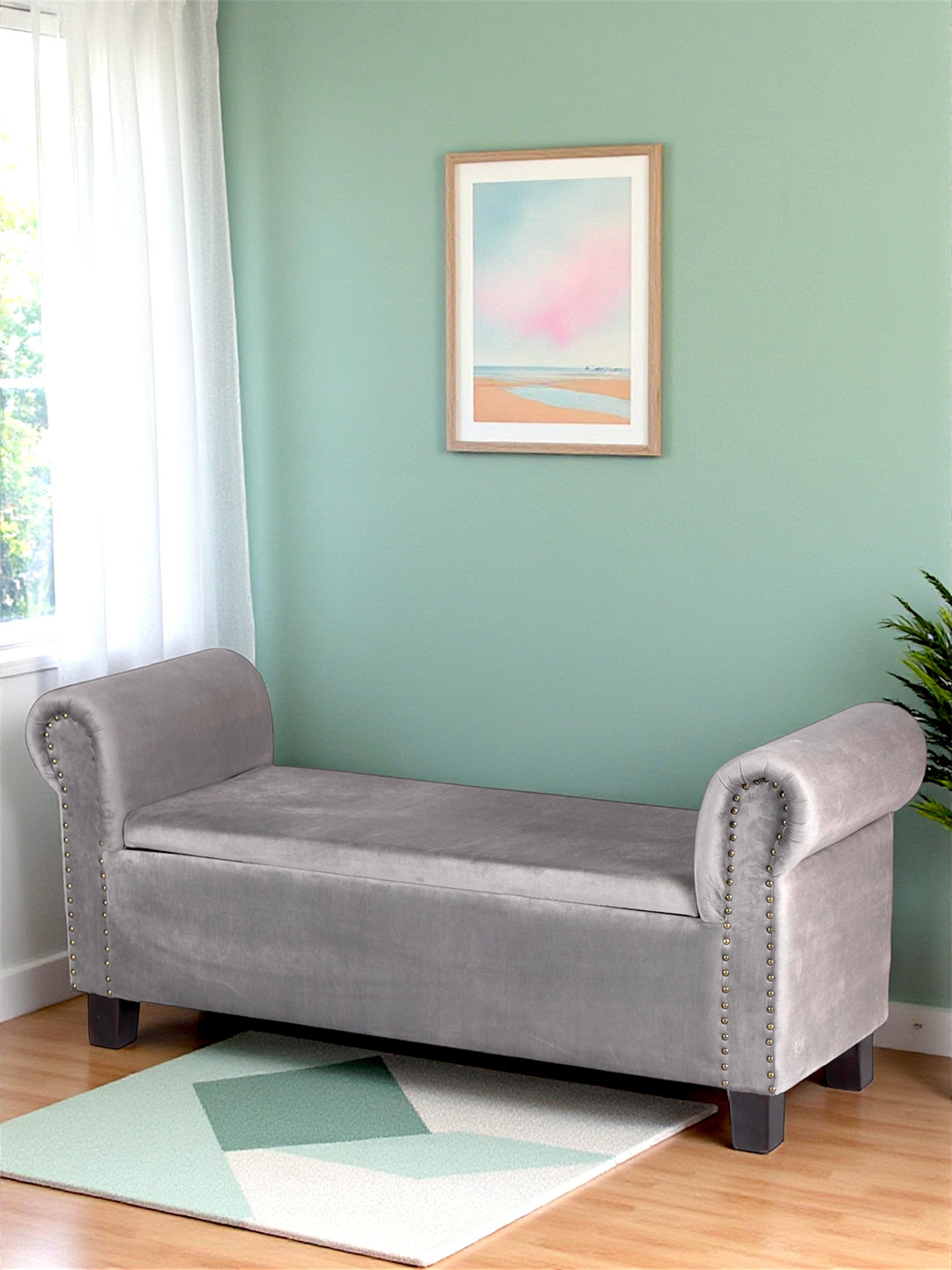 Ikiriya Sheesham Wood Accent 2 Seater Couch / Bench With Storage In Iron Grey Velvet