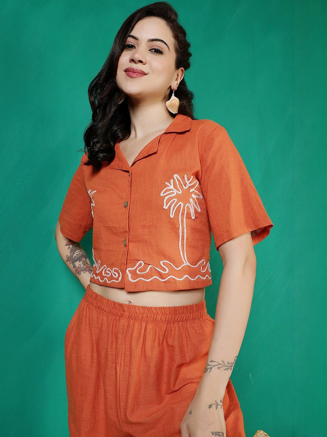 Sangria Women Rust Cotton Slub Embroidered Top with Trouser Co-Ord Set