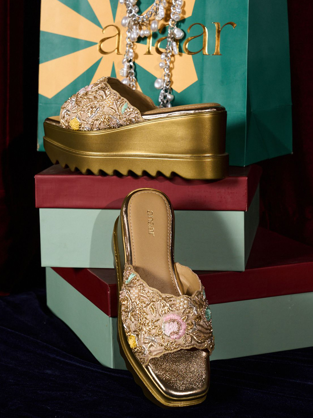 Anaar Women Bollynight Metallic Embellished Wedge Sandals