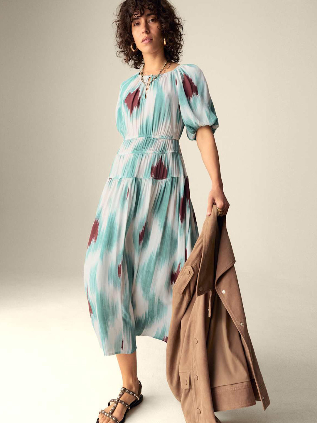 Marks & Spencer Autograph Printed Keyhole Neck Puff Sleeve Cotton Fit & Flare Midi Dress