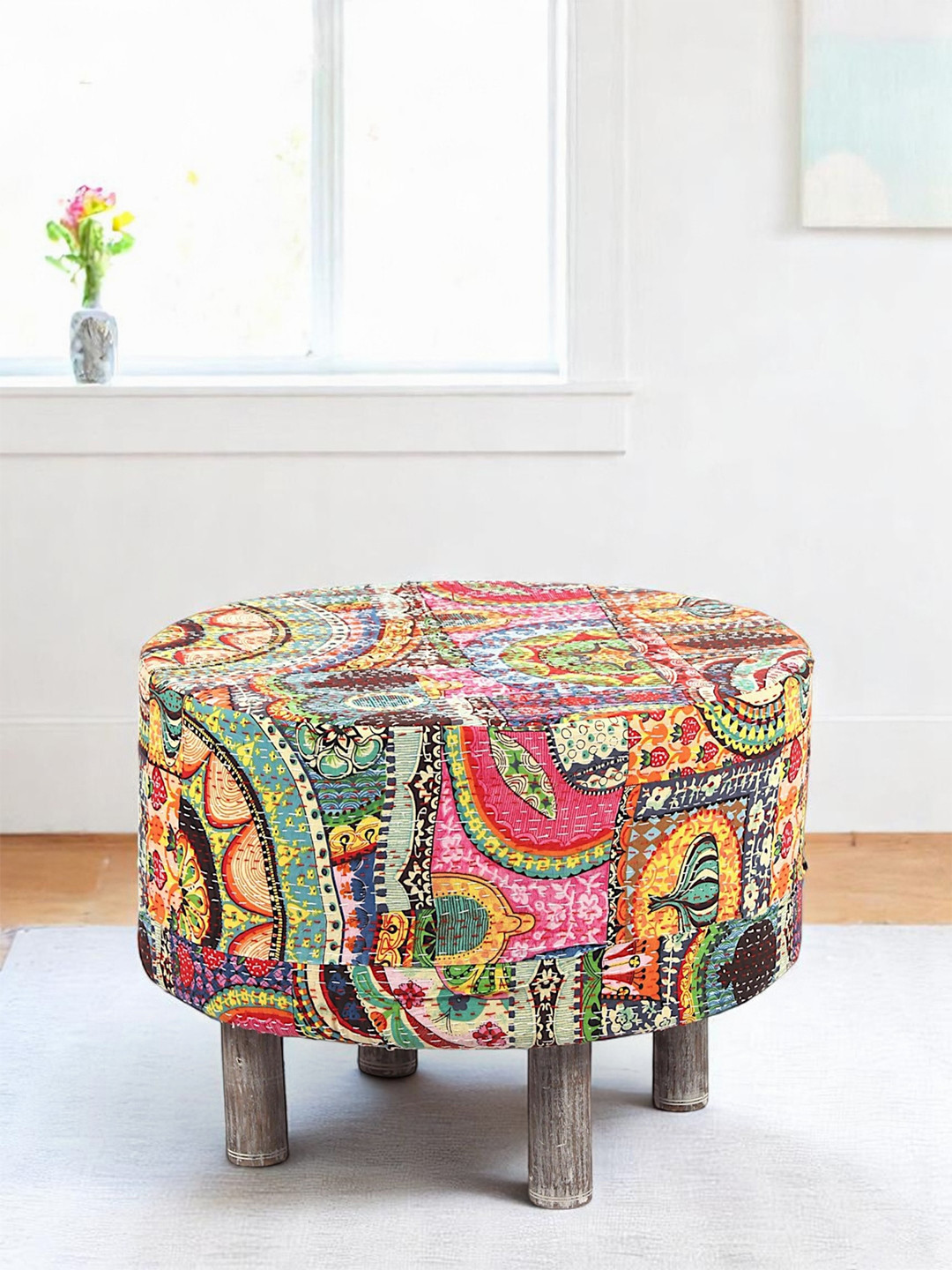 Ikiriya Rosslyn Solid Wood Ottoman Pouffee In Multi Colour Israel Print Kantha Fabric
