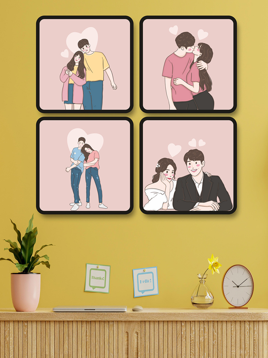 SAF Pink & Black 4-Pieces Couple Love Theme Printed Framed Wall Art