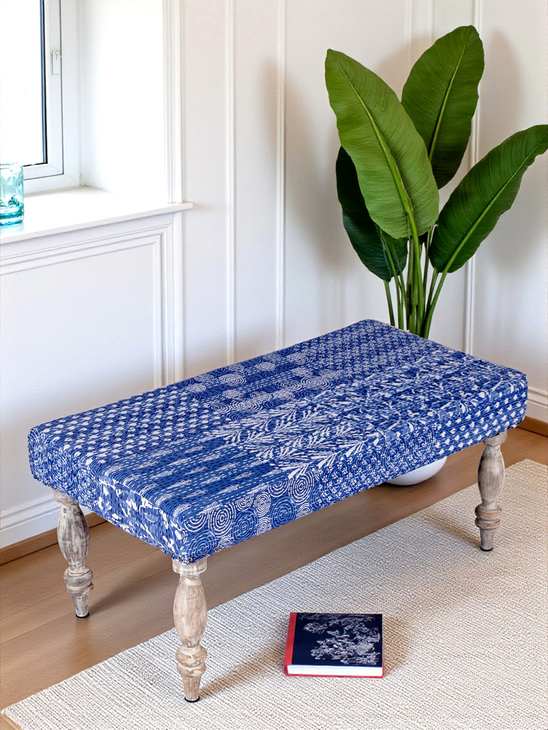 Ikiriya Bestone Sheesham Wood Mid Century 2 Seater Bench In Indigo Patchwork Kantha