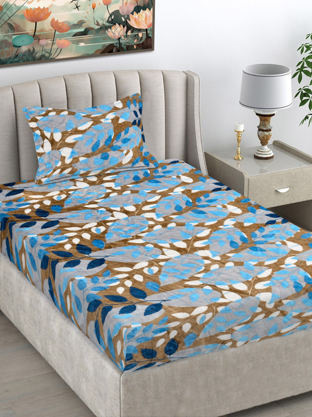 FABINALIV Blue & White Leaf Printed Woollen 300 TC Single Bedsheet Set-2.2mX1.50m