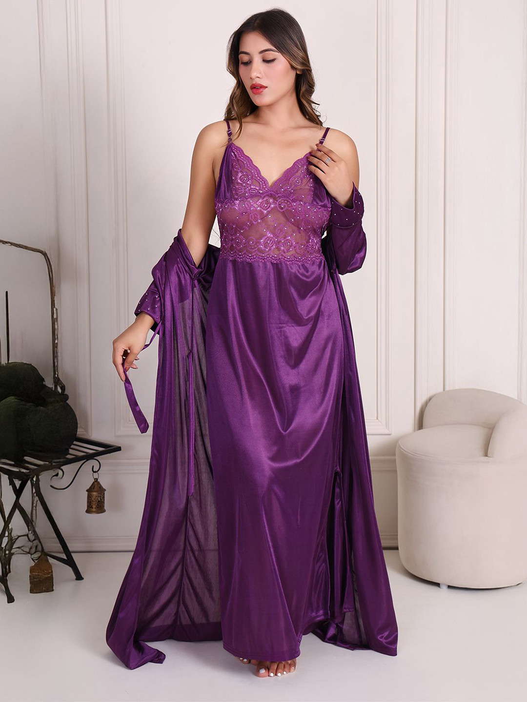 HOUSE OF ELORRA Women Wrap Nightdress With Robe