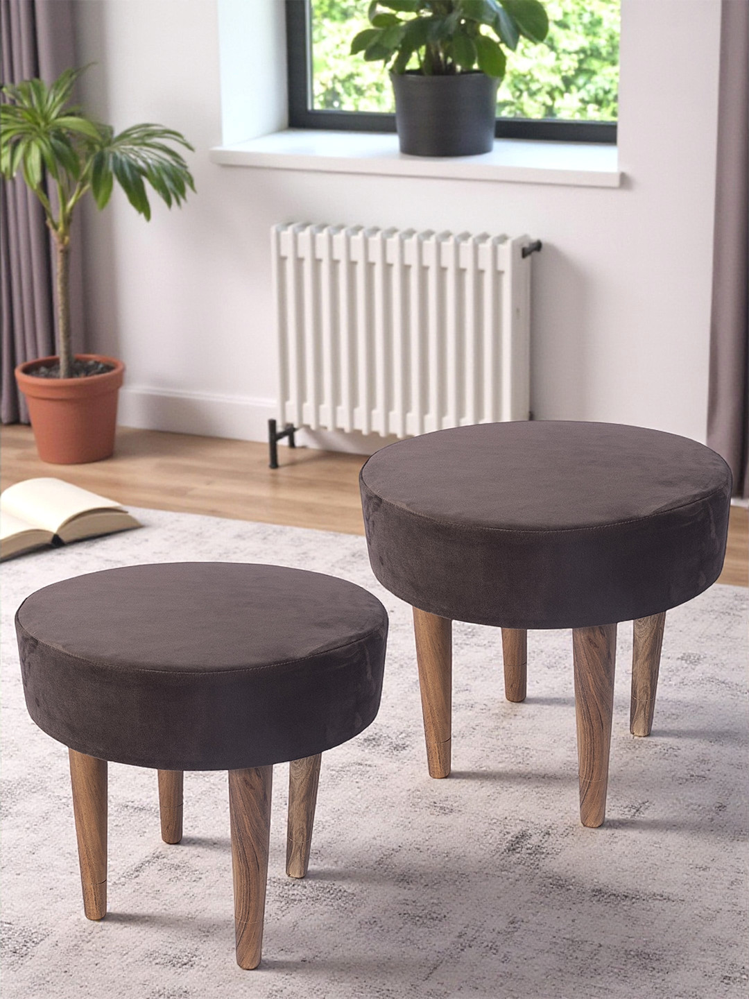 Ikiriya Sheesham Wood Contemporary Round Set Of 2 Stools In Taupe Brown Velvet Upholstery