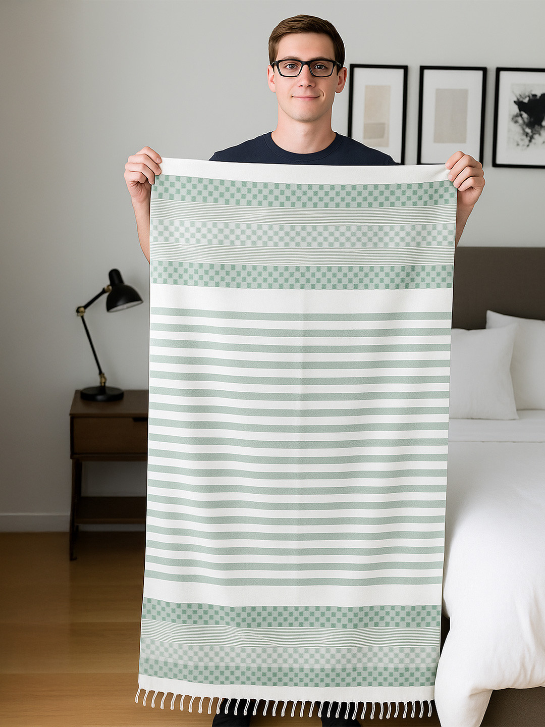 Kryptic Green & White Checkered Printed 210 GSM Bamboo Bath Towel