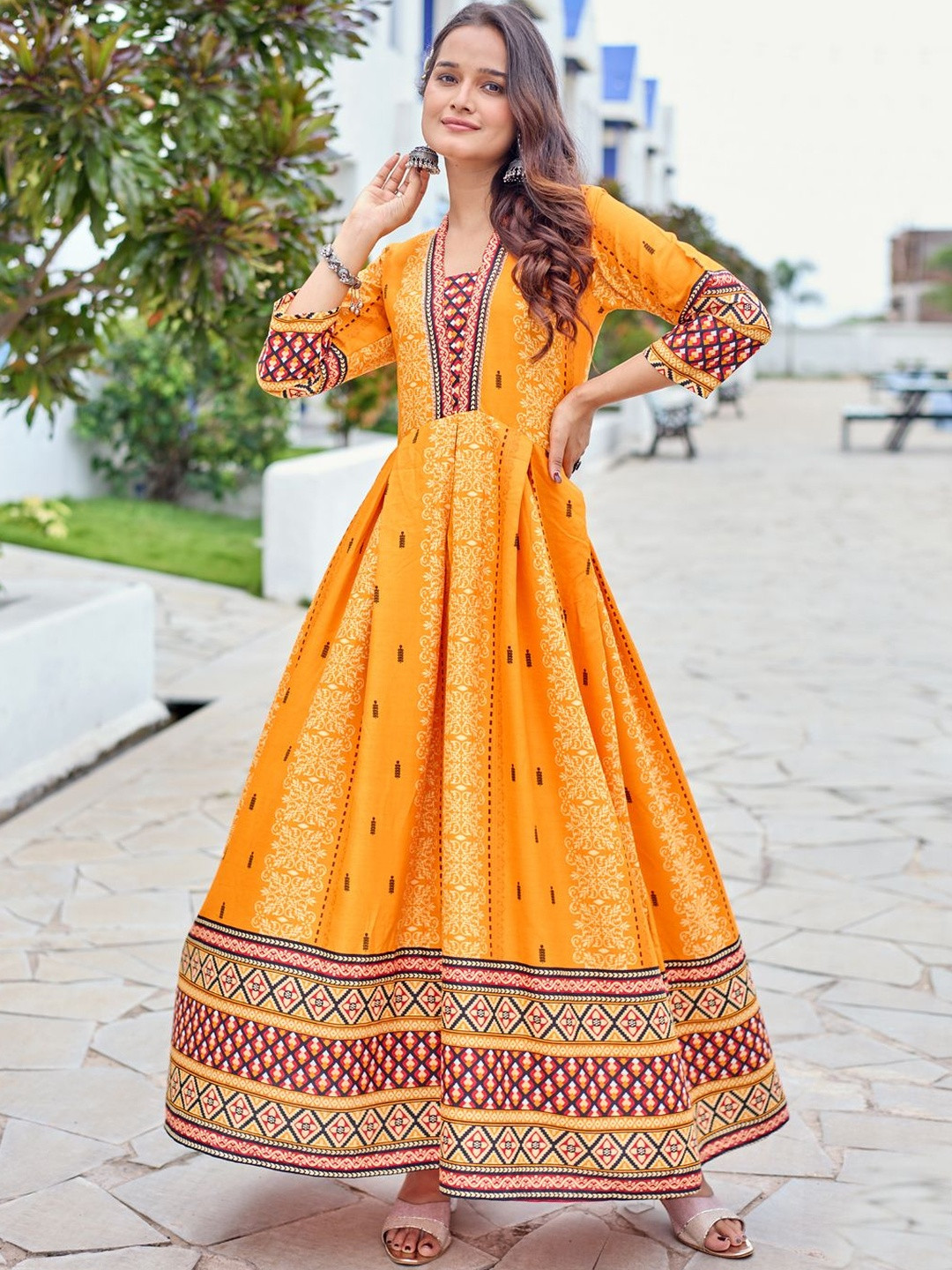 HERE&NOW Floral Rayon Line Embroidery Work Anarkali Gown
