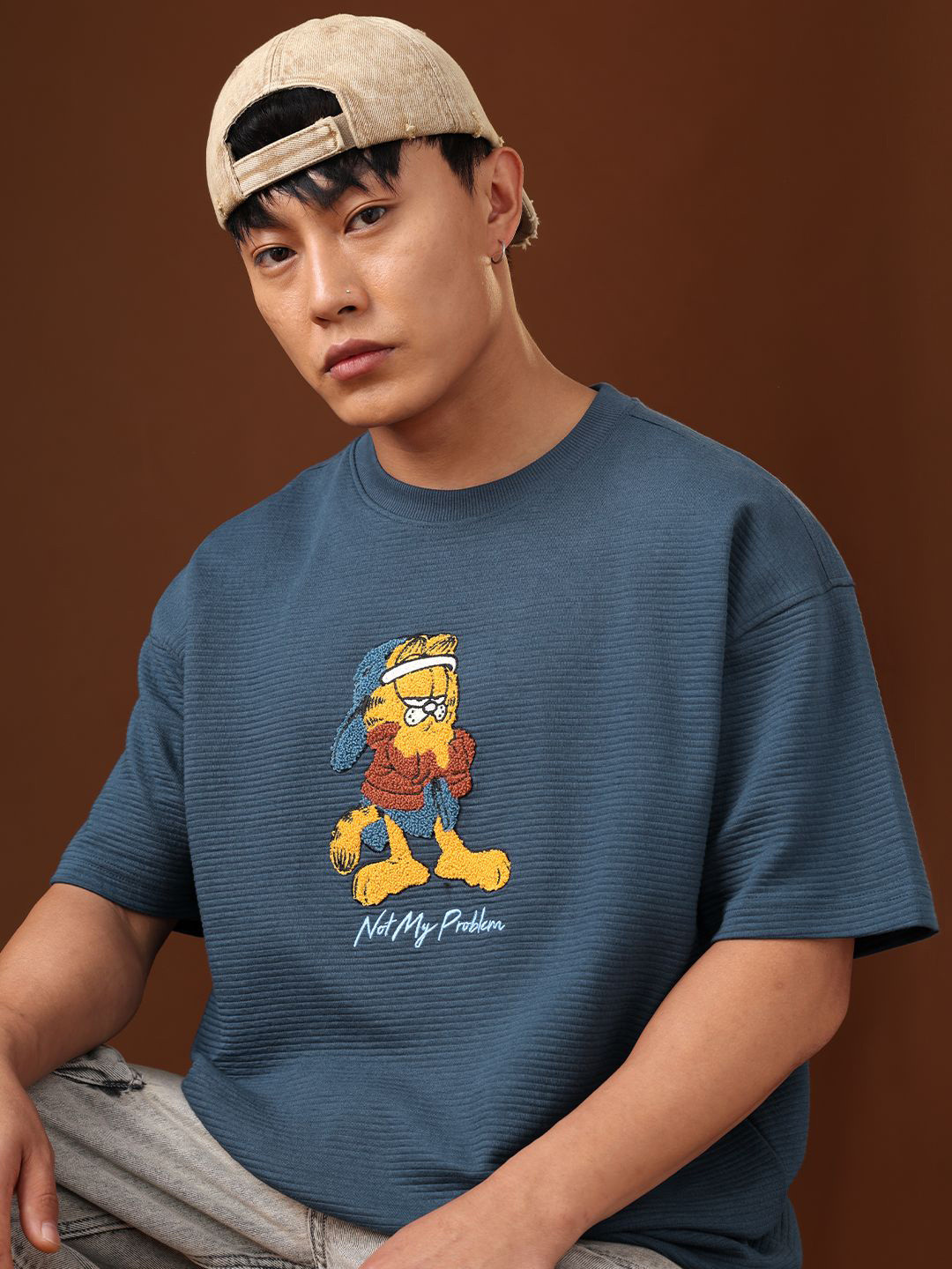 The Souled Store Men Garfield Humour and Comic Self Design Pure Cotton Oversized T-shirt