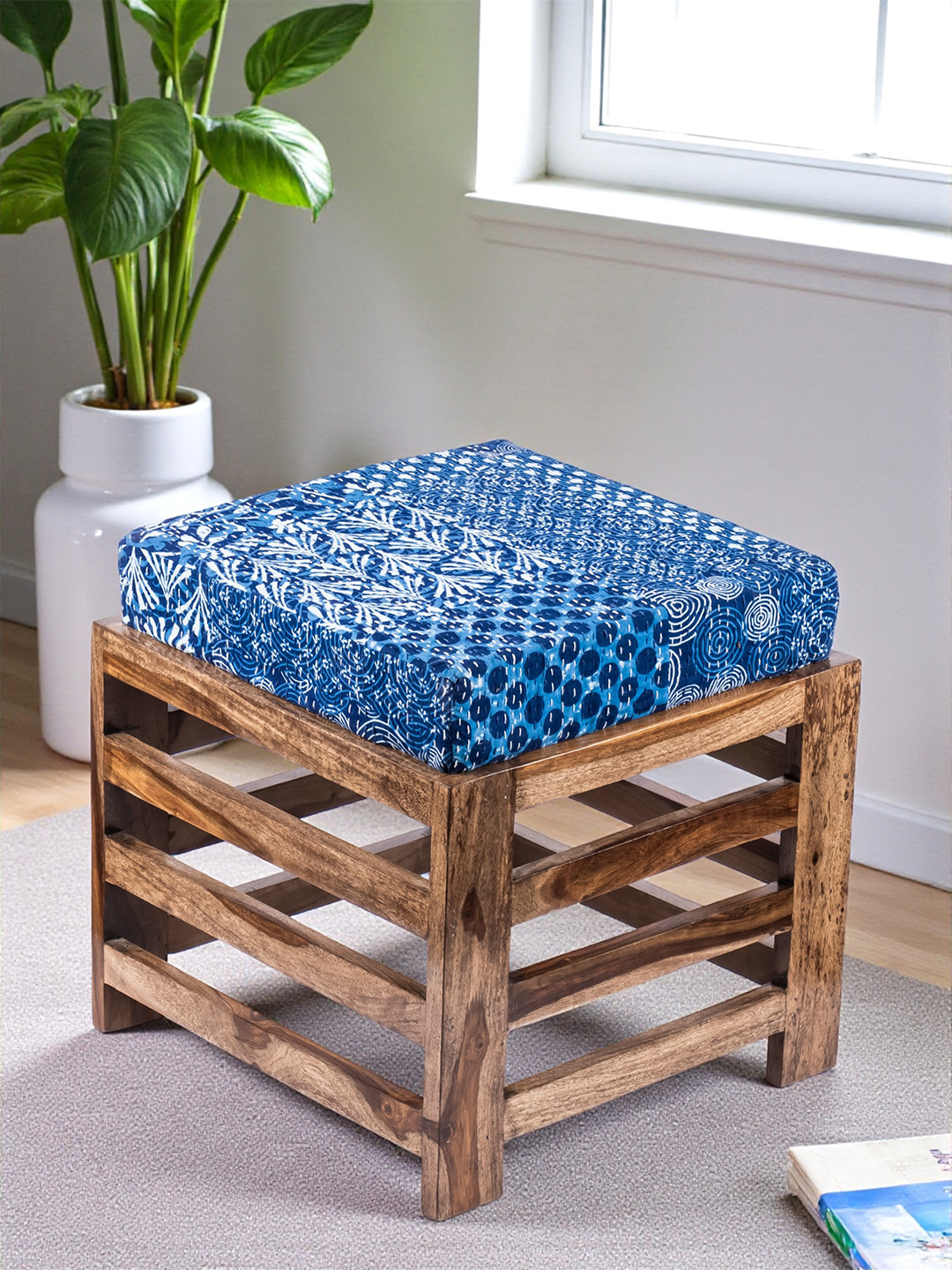 Ikiriya Rosewood Square Stool In Teak Finish With Indigo Patchwork Kantha Cushion