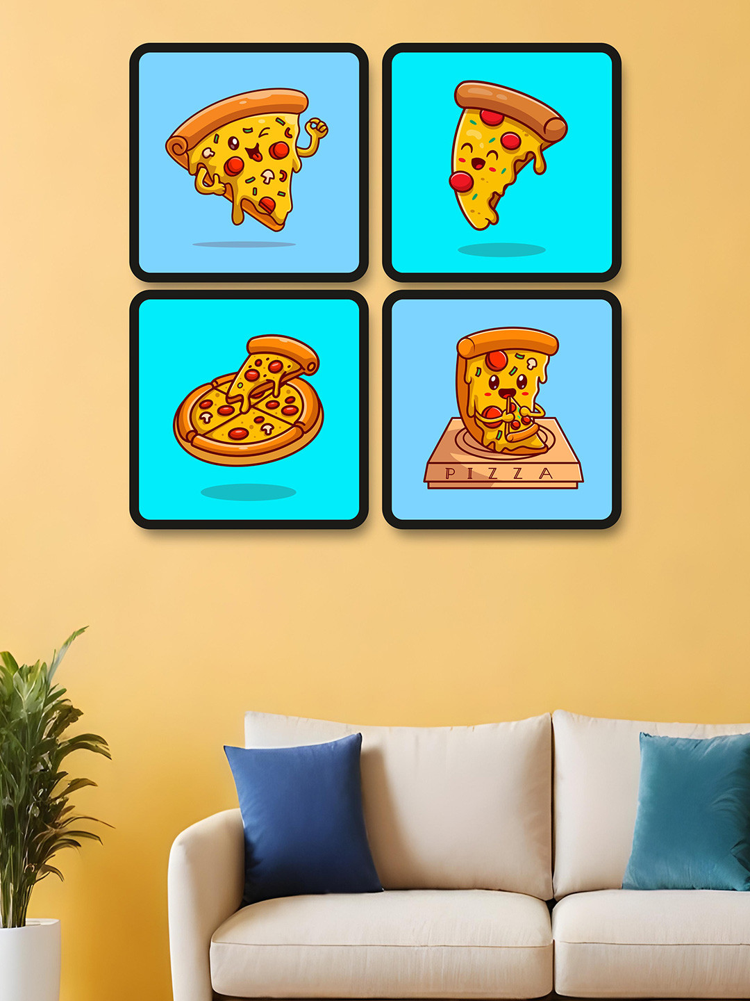 SAF Blue & Green 4 Pieces Pizza Theme Painting Wall Arts