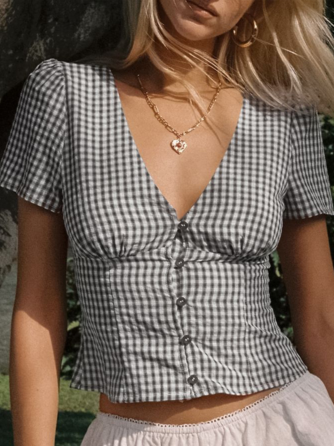 LULU & SKY Women Black V-Neck Checked Short Sleeves Casual Cotton Top