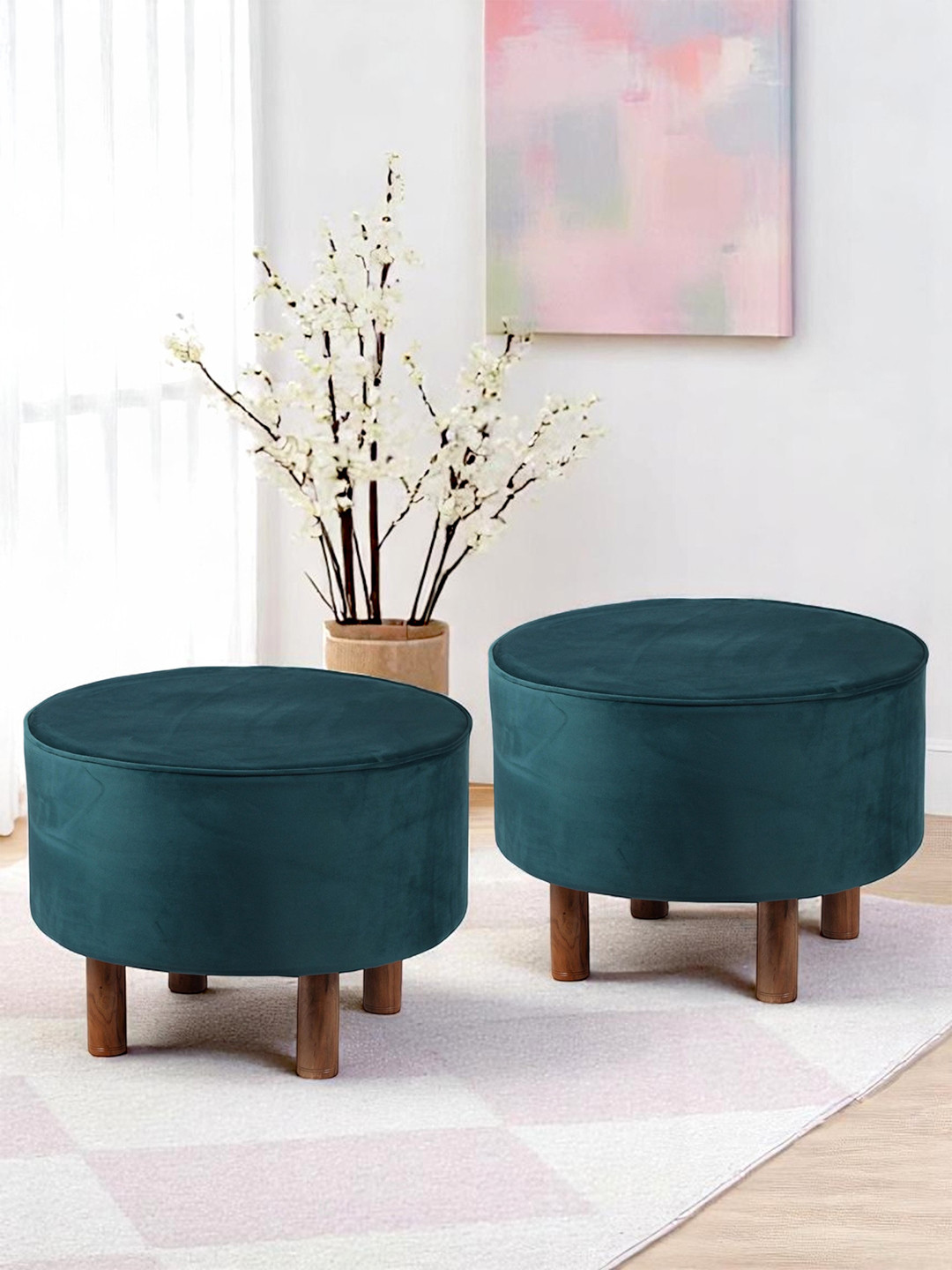Ikiriya Solid Wood Accent Round Set Of 2 Pouffees In Turquoise Sea Velvet Upholstery
