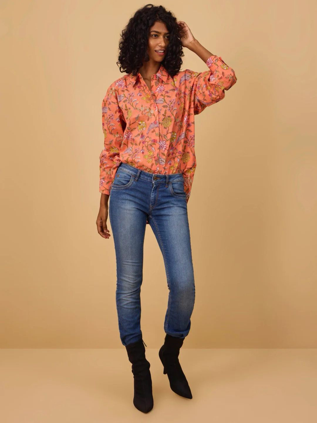 Rihaa Women Relaxed Oversized Fit Floral Printed Spread Collar Cotton Casual Shirt