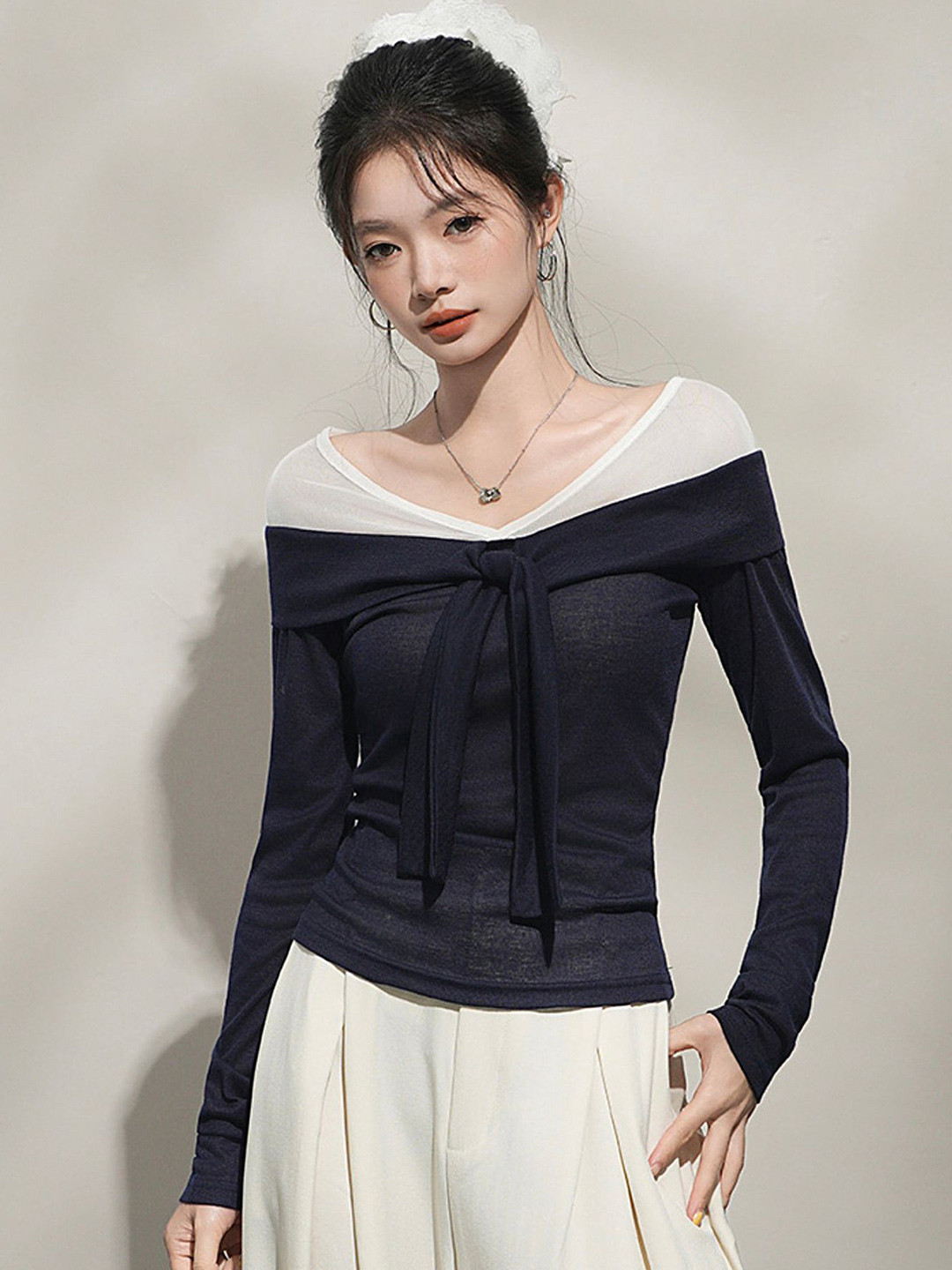 LULU & SKY Women Navy Blue Off-Shoulder Top with Tie-ups