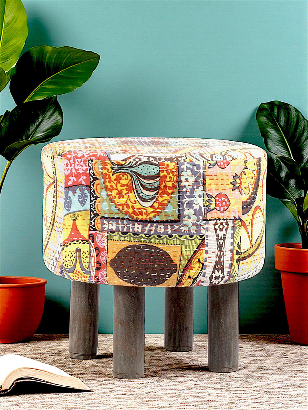 Ikiriya Morgan Acacia Wood Round Pouf Stool In Israel Print Patchwork Kantha Upholstery