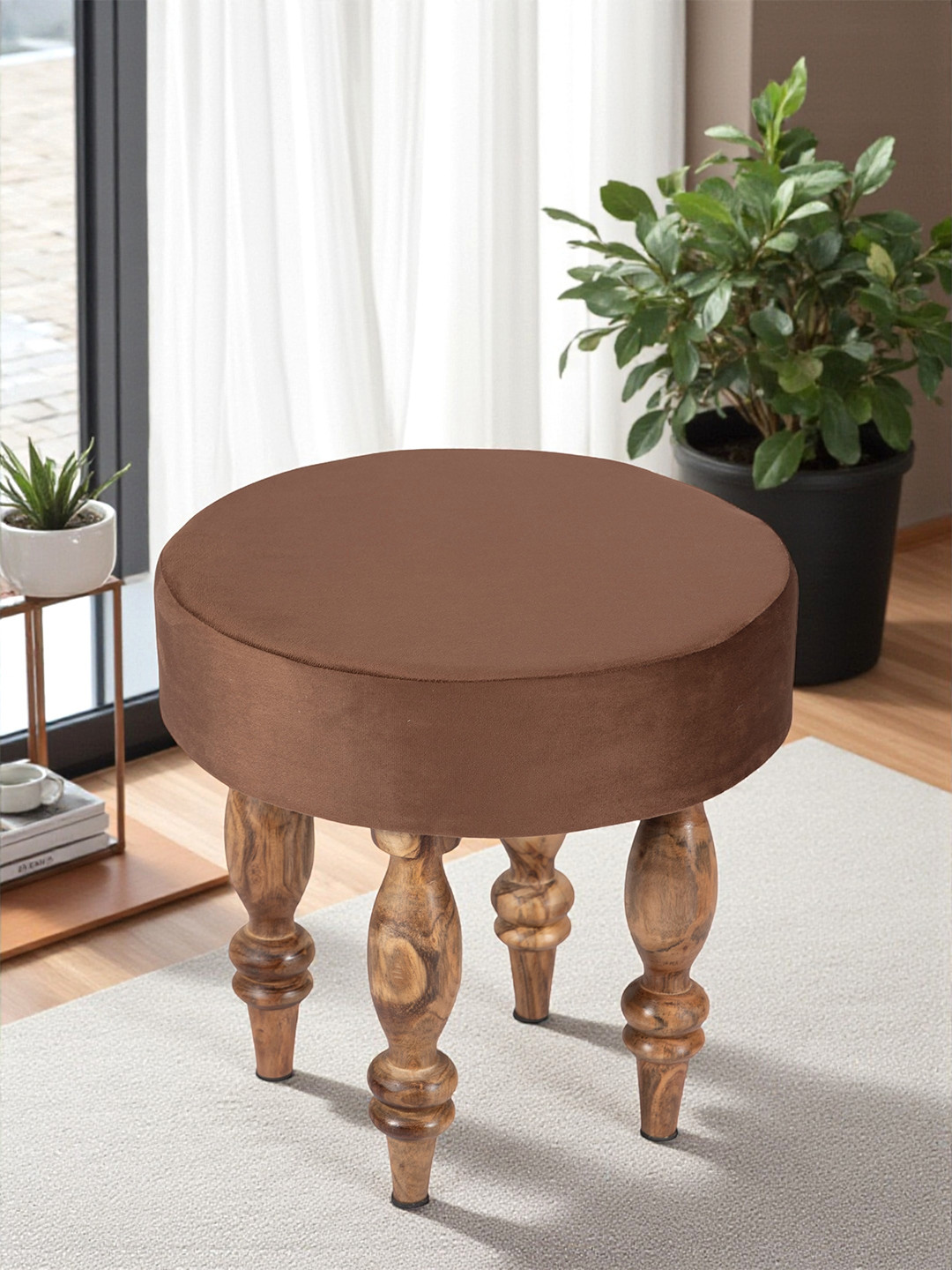 Ikiriya Roswell Sheesham Wood Contemporary Round Stool In Taupe Brown Velvet Upholstery