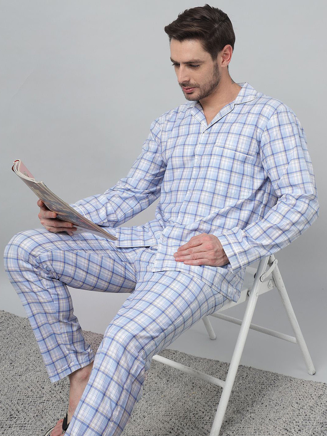 English Navy Men Checked Lapel Collar Shirt & Pyjamas Wrinkle Resistant Night suit