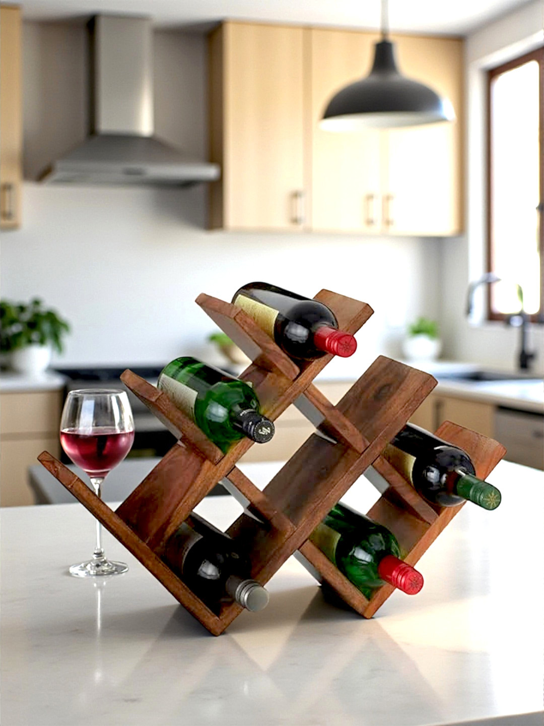 Ikiriya Kassel Sheesham Wood Accent Wine Rack In Natural Teak Finish For Upto 8 Bottles