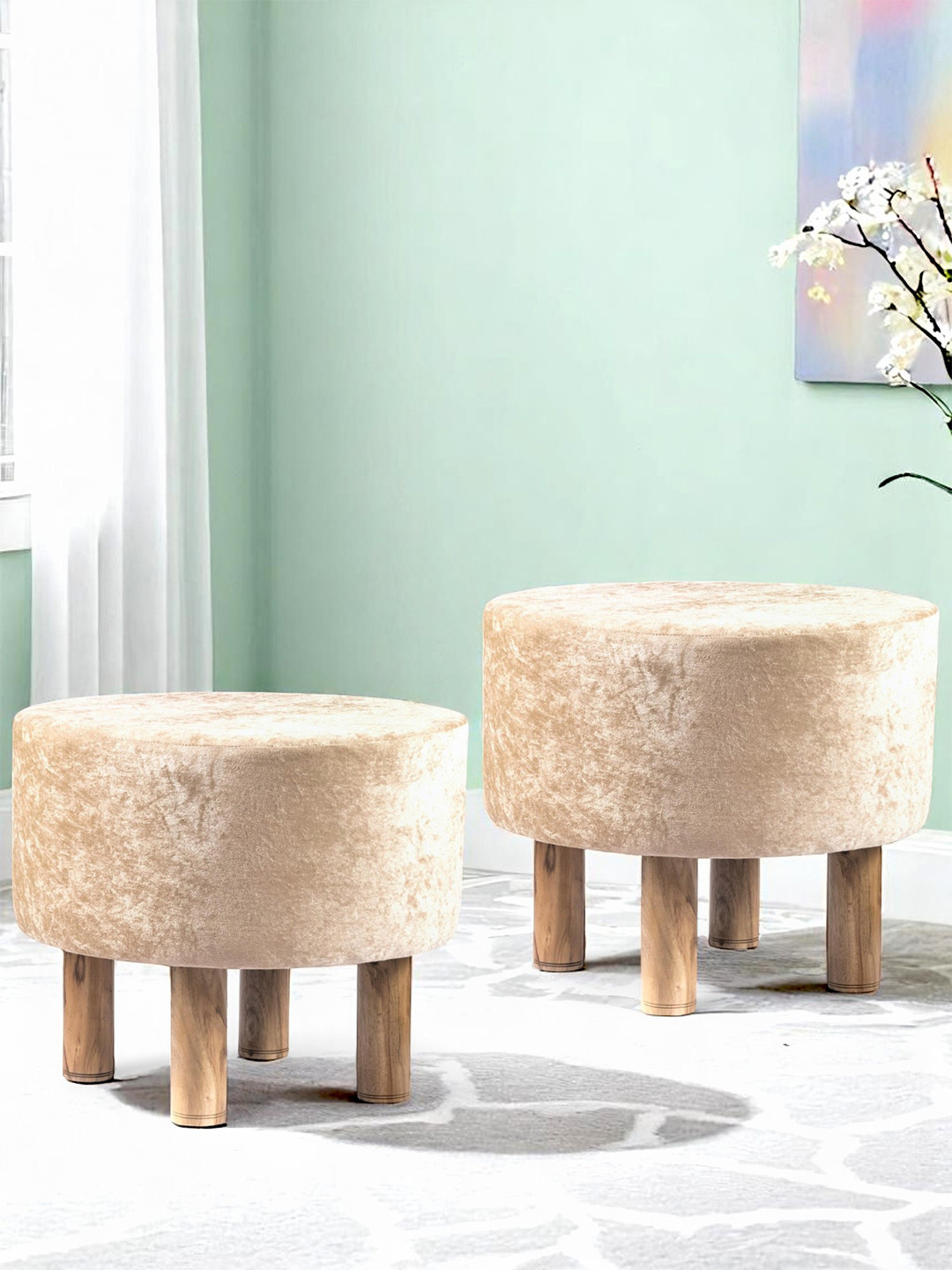 Ikiriya Acacia Wood Accent Round Set Of 2 Ottomans In Beige Sparkle Velvet Upholstery