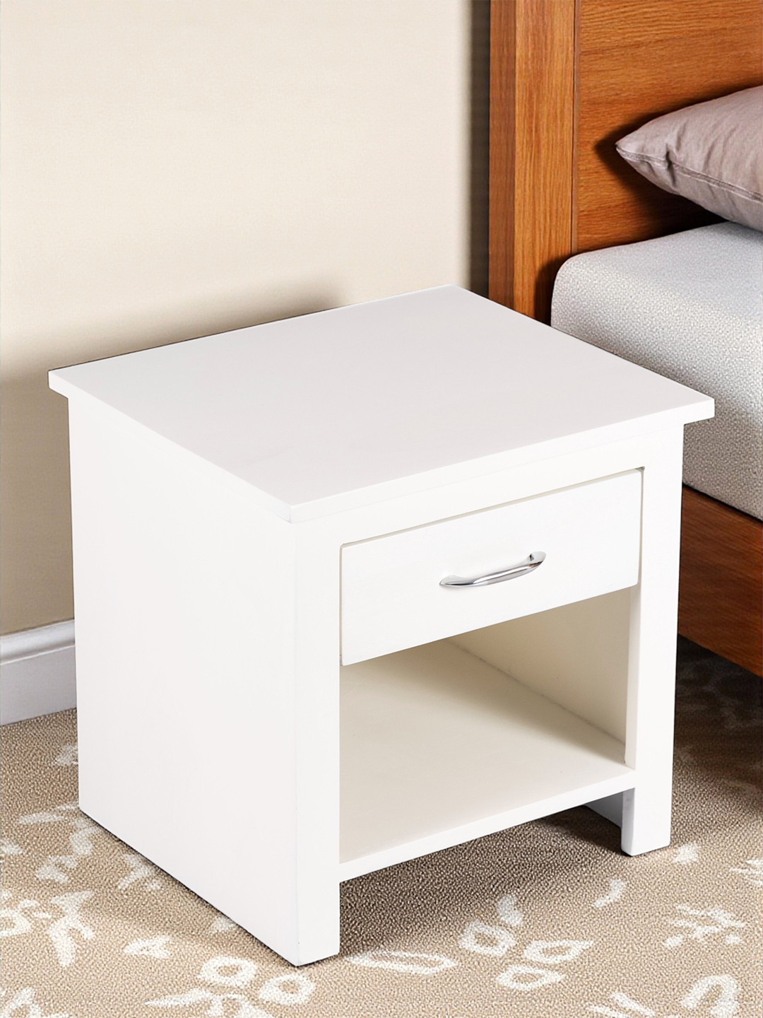 Ikiriya Luxnest Sheesham Wood Accent Bedside Table/ End Table In White Pu Enamel