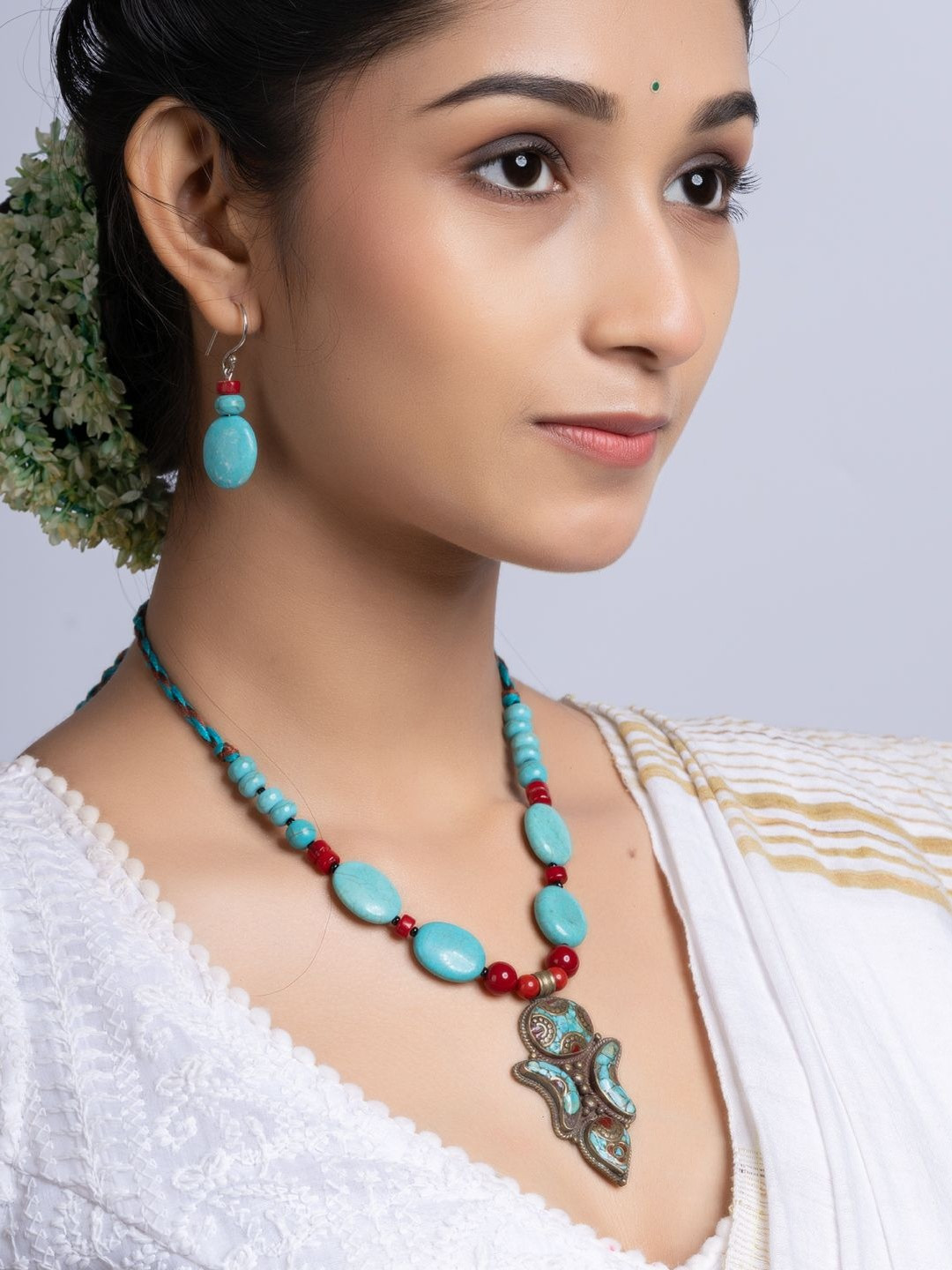Look and Adorn Women Turquoise Handcrafted Coral Tibetan Necklace Set With Earring Set