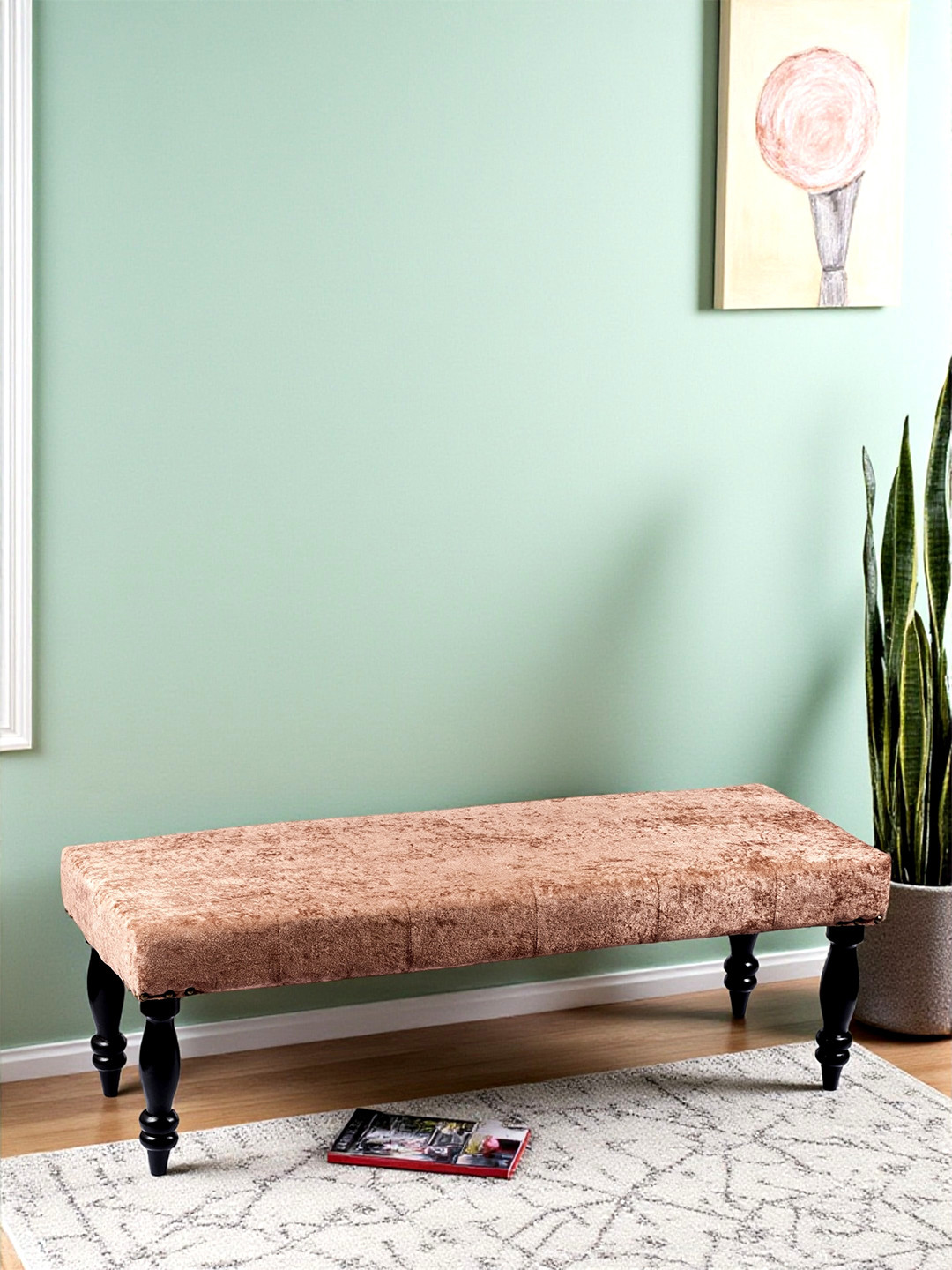 Ikiriya Cairo Sheesham Wood Accent 3 Seater Bench In Caramel Brown Sparkle Velvet