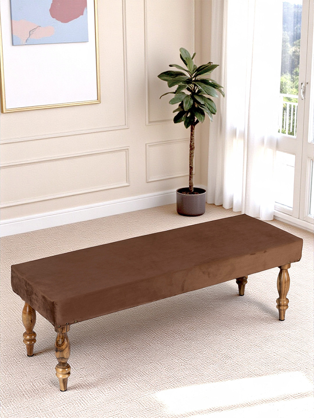 Ikiriya Cairo Sheesham Wood Accent 3 Seater Bench In Taupe Brown Velvet