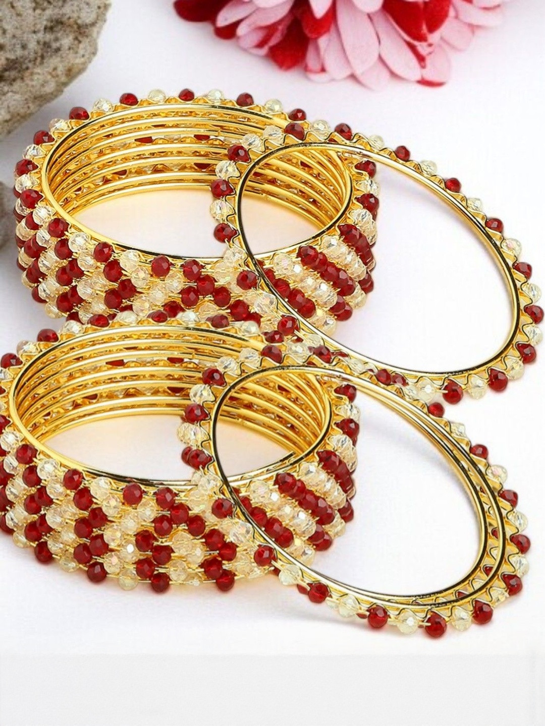 Anouk Women Combo of 16 Gold Tone Bangle Set With Maroon Crystal Beads