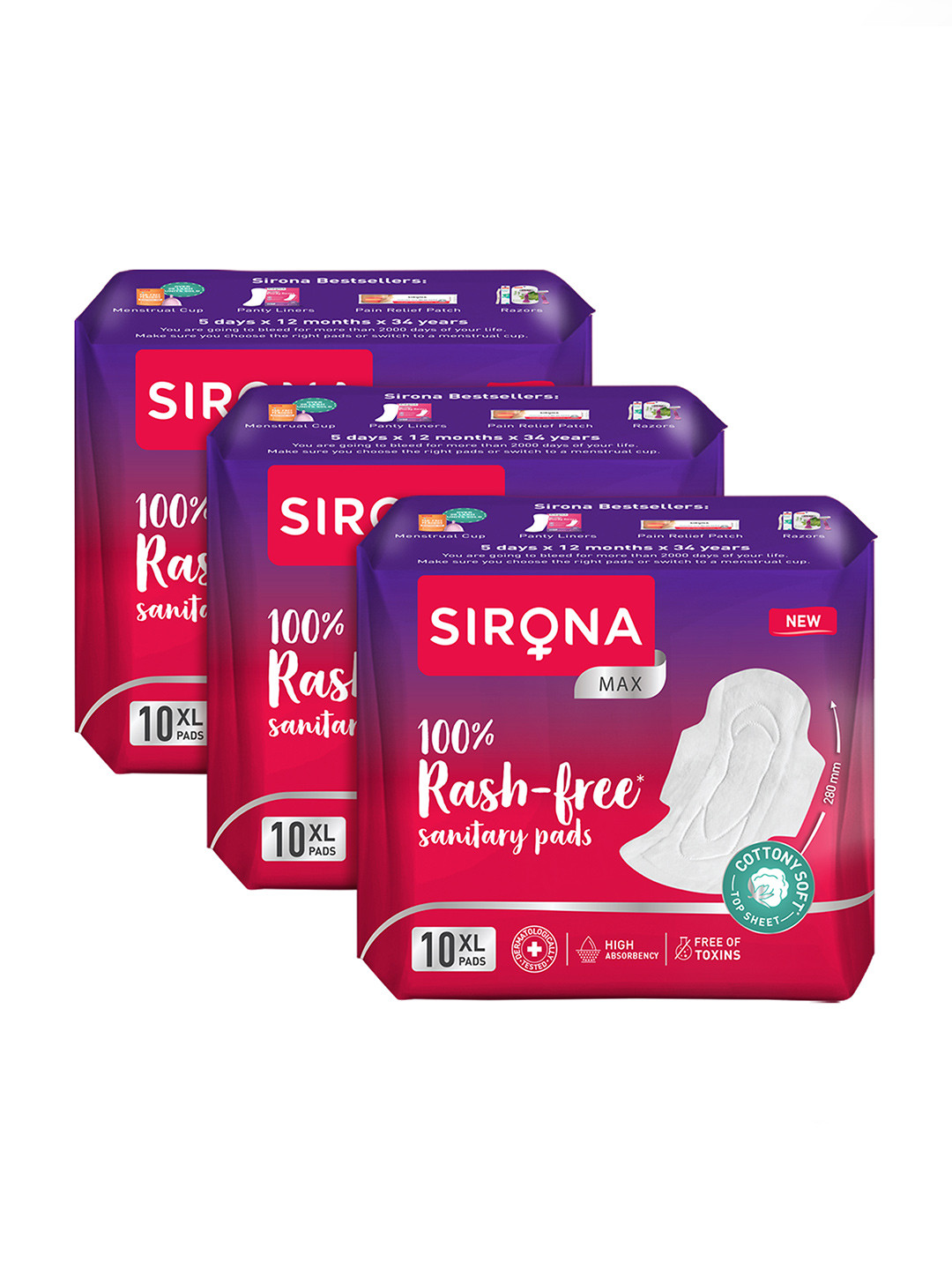 Sirona Pack of 3 Natural Biodegradable Super Soft Pink Sanitary Pads - 10 Pcs each