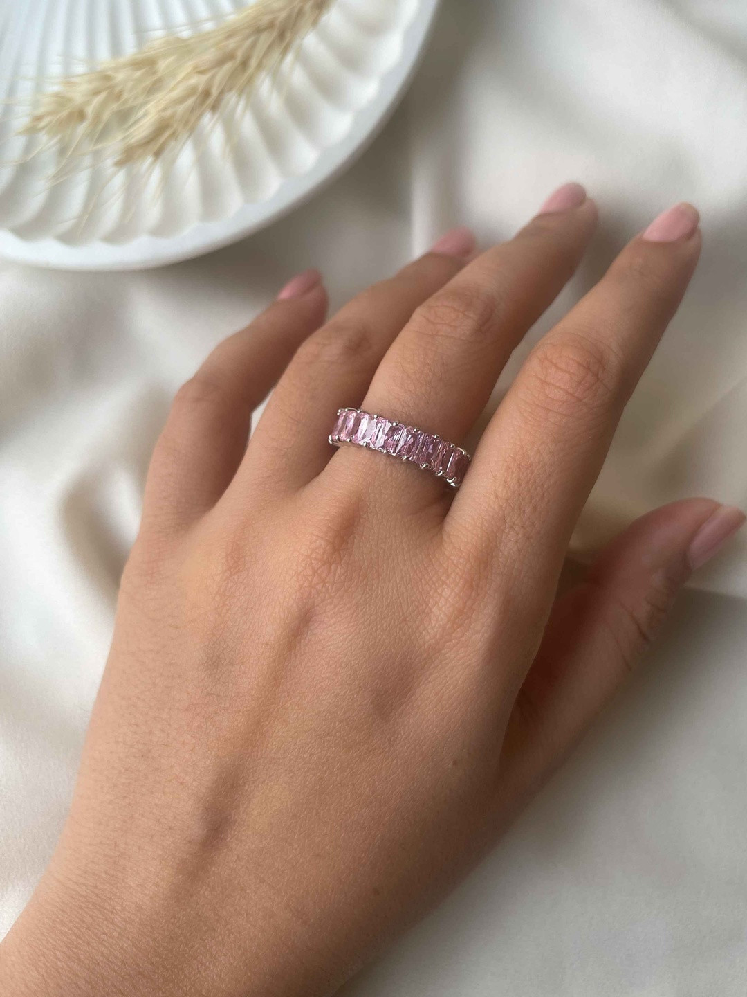 LOLO LePA Women Silver-Plated Pink Baguette Ring