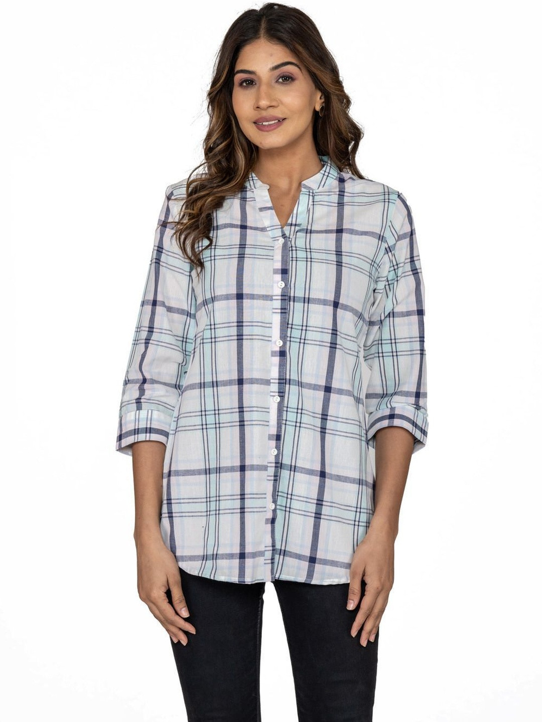 AMADORE Women Classic Checked Three Quarter Sleeves Casual Shirt