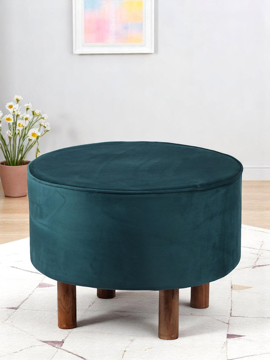 Ikiriya Rosslyn Solid Wood Ottoman Pouffee In Turquoise Sea Velvet