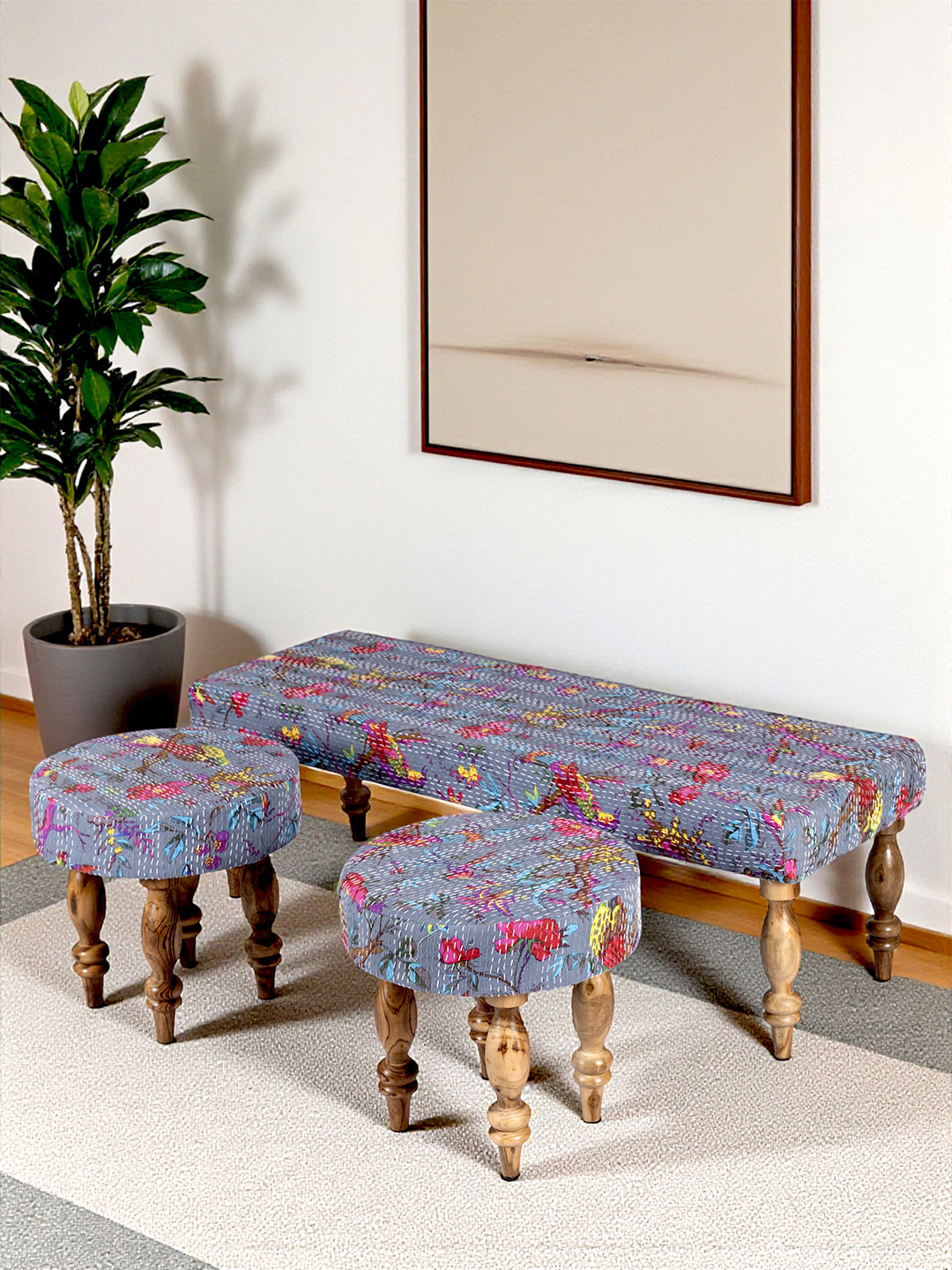 Ikiriya Rosewood Century 3+1+1 Seat Bench Set With 2 Stools In Grey Brid Print Kantha