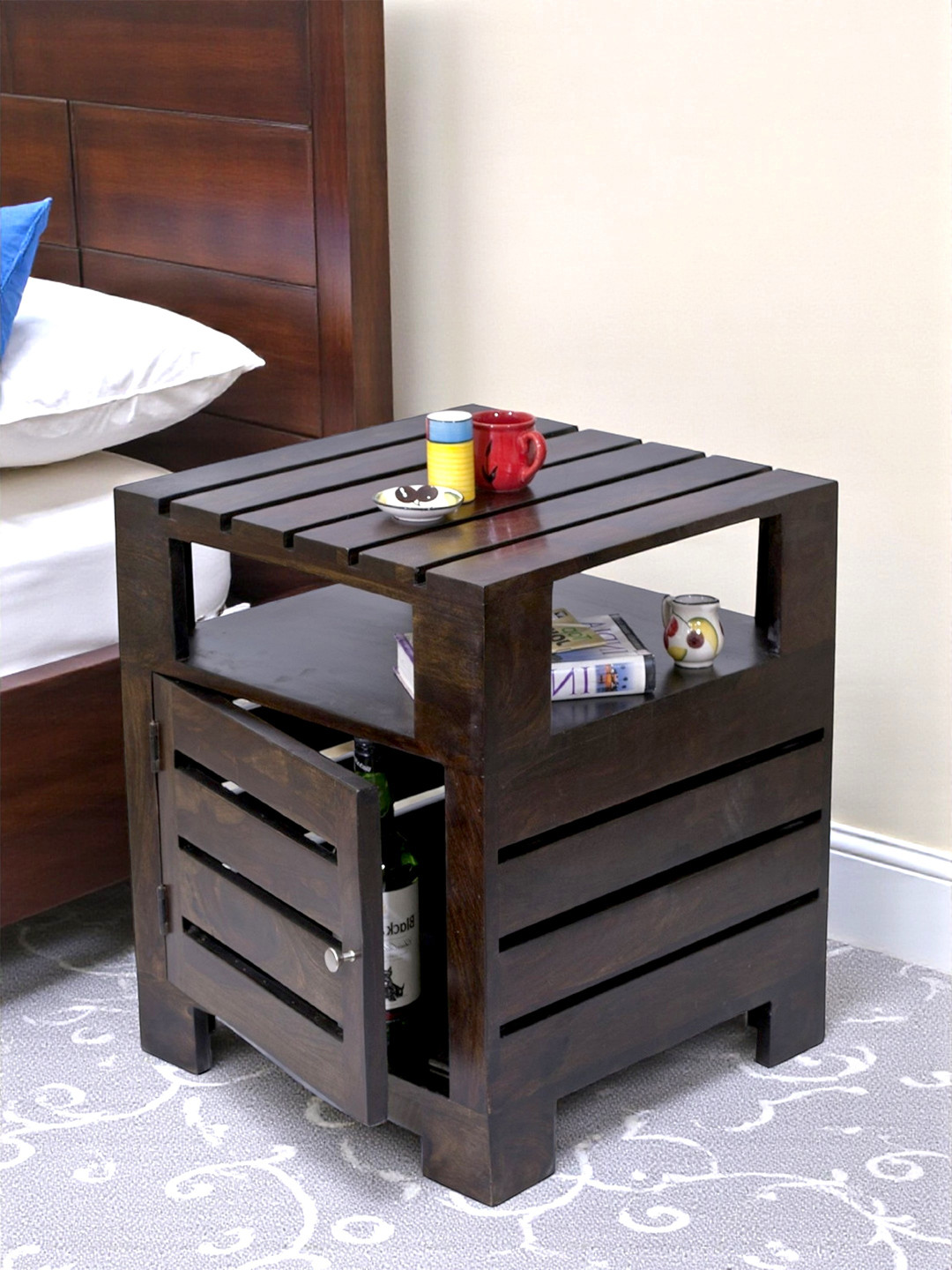 Ikiriya Harvey Sheesham Wood Contemporary Bedside Table/ End Table In Dark Mahagony Finish
