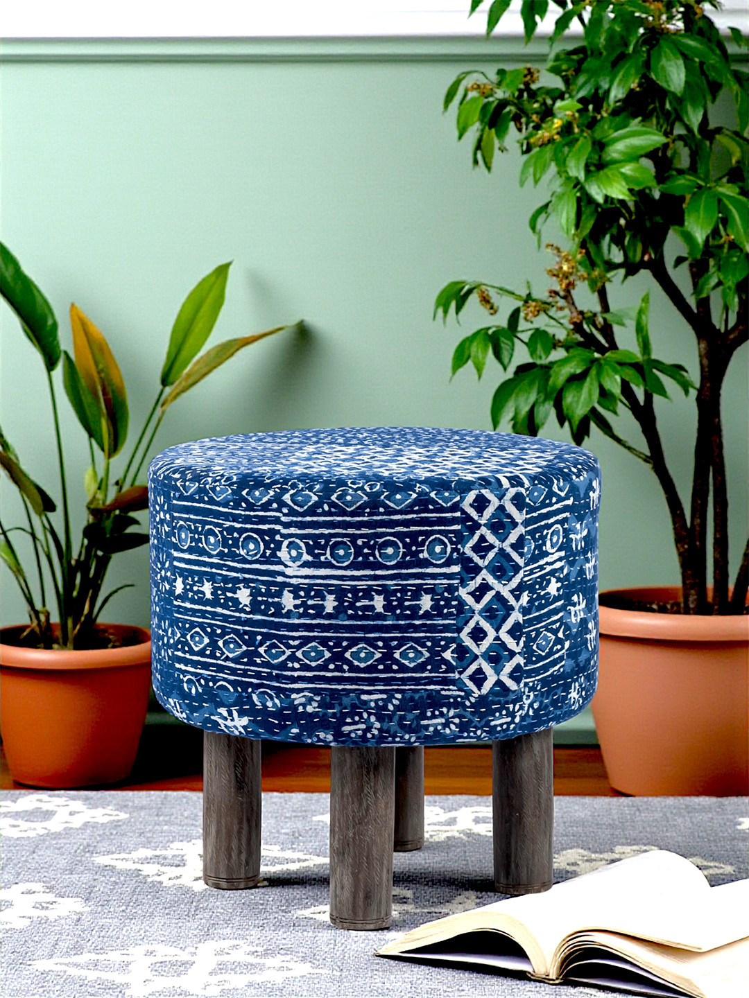 Ikiriya Acacia Wood Mid Century Round Pouf Stool In Indigo Patchwork Kantha Upholstery