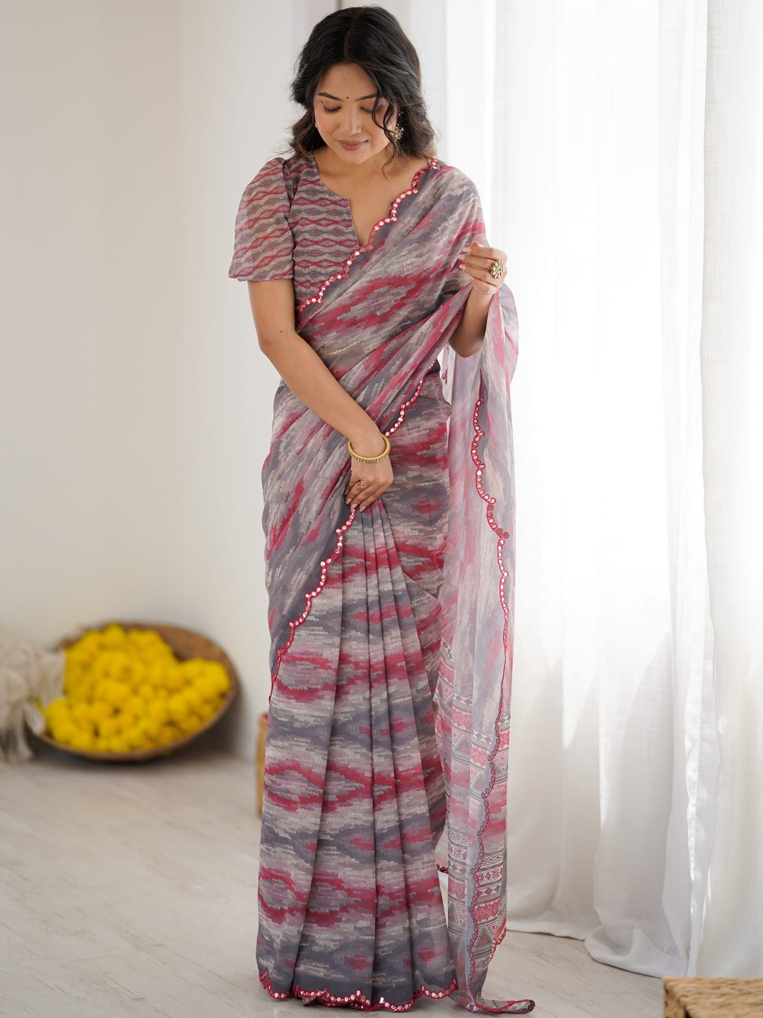 DIVASTRI Leheriya Printed Scallop Border Mirror Work Pure Georgette Jamdani Sarees