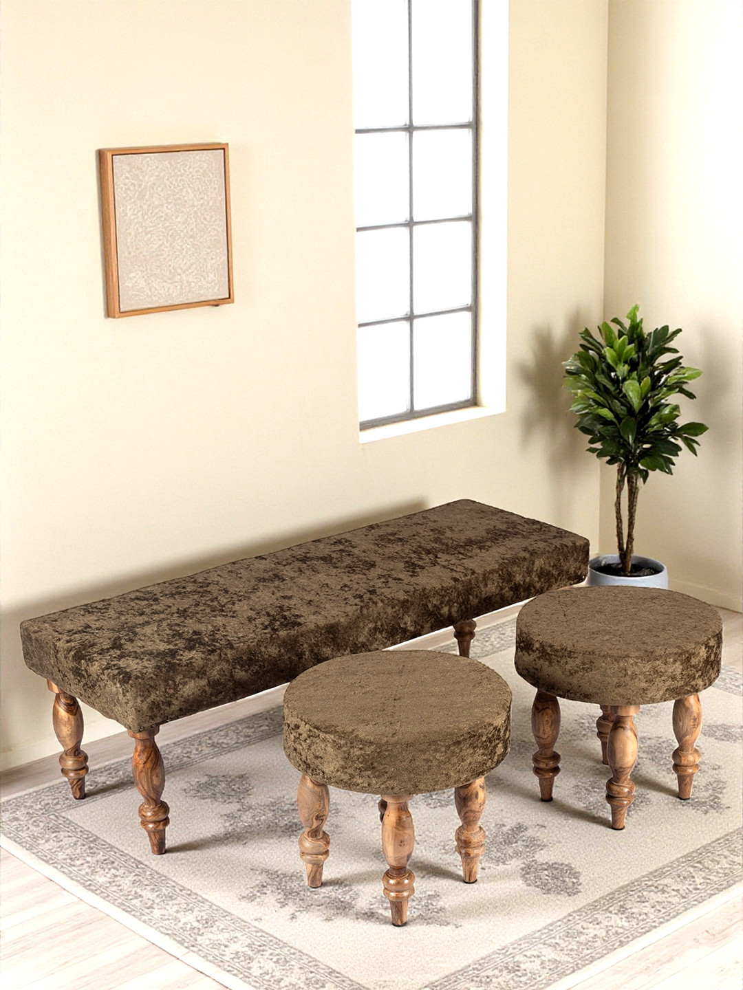 Ikiriya Sheesham Wood Accent 3+1+1 Seater Bench Set With 2 Stools In Green Sparkle Velvet