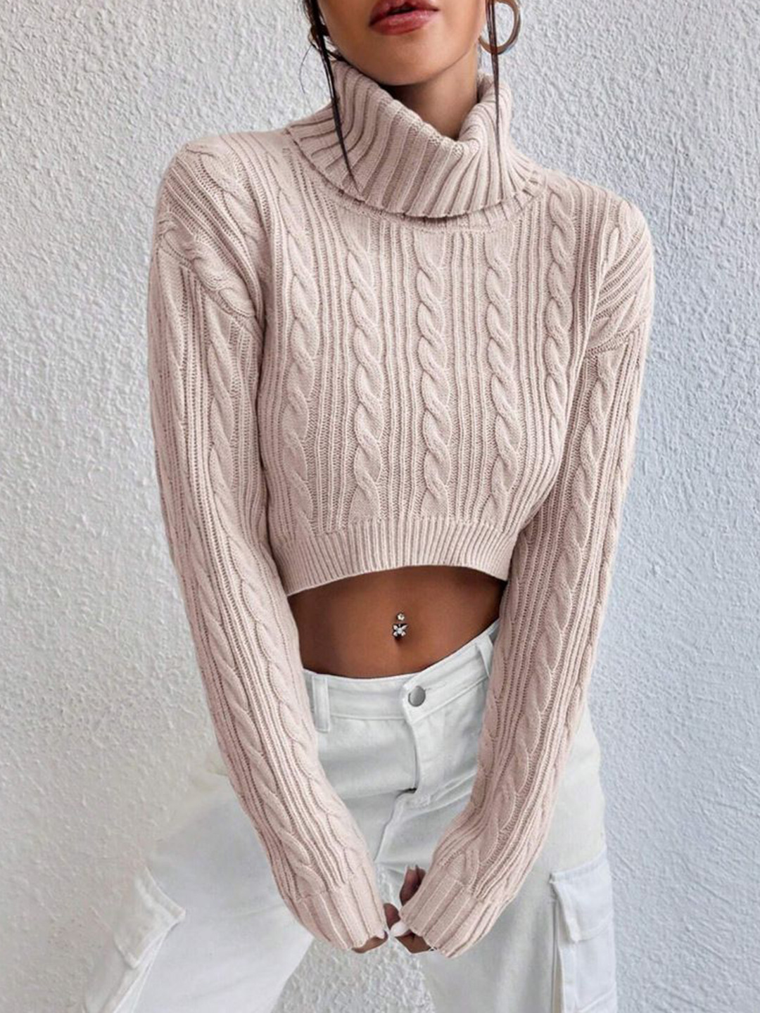 StyleCast Peach Crop High Neck Long Sleeve Top