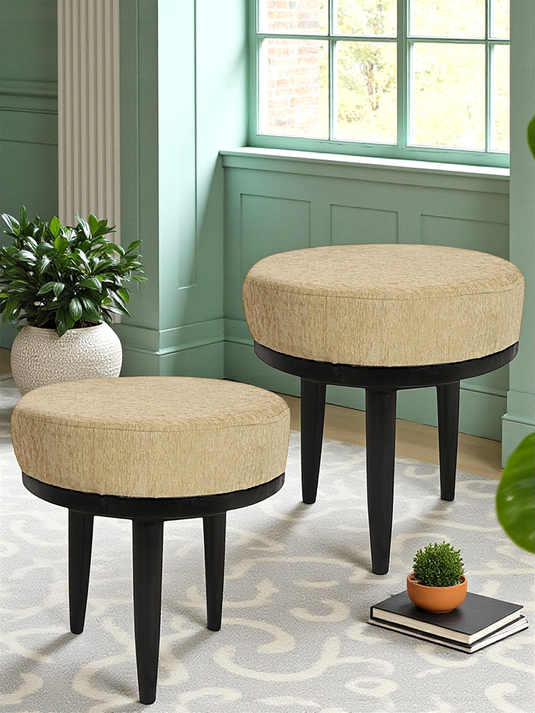 Ikiriya Lisbon Sheesham Wood Accent Round Set Of 2 Stools In Beige Mossy Fabric Upholstery