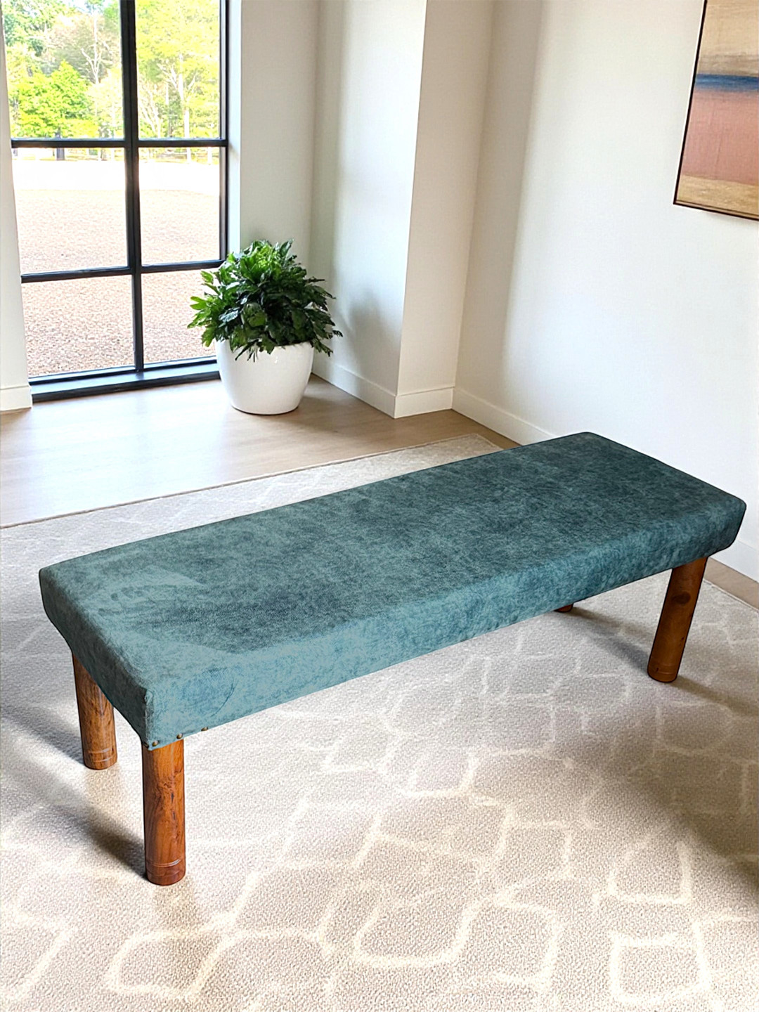 Ikiriya Asteria Sheesham Wood Accent 3 Seater Bench In Blue Jacquard Work Fabric