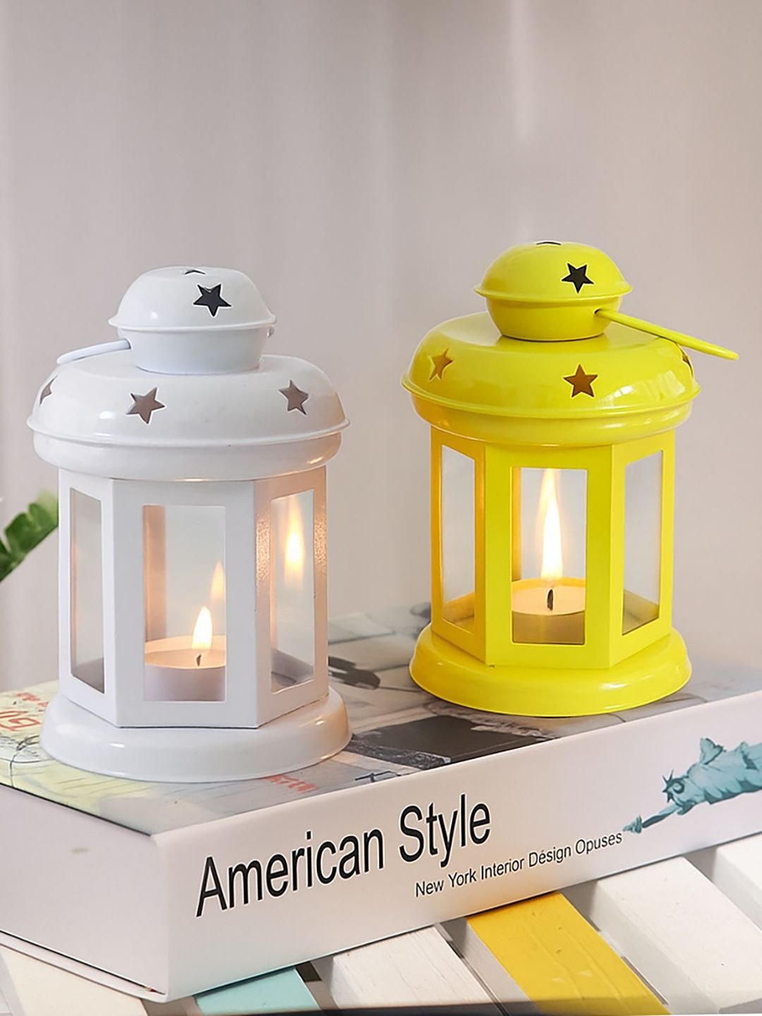 Decorcity Blue & Yellow Set of 2 Metal Decorative Star Lanterns for Tealight Candle Holder