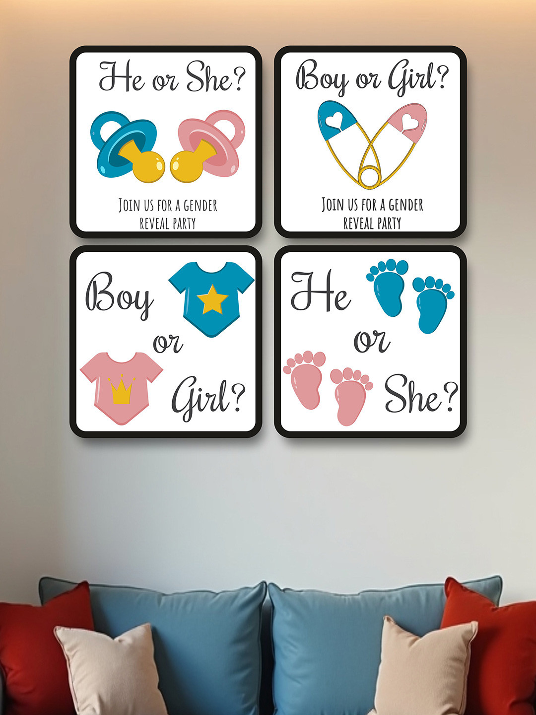 SAF 4-Pcs White & Blue Baby Gender Revealing Painting Framed Wall Art