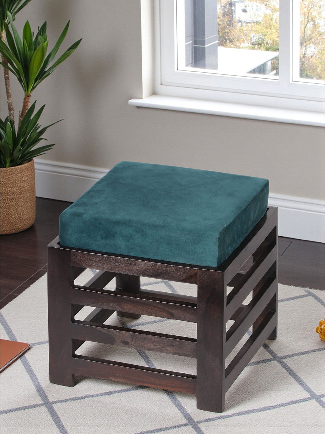 Ikiriya Sheesham Wood Stool In Dark Mahagony Finish With Turquoise Sea Velvet Cushion