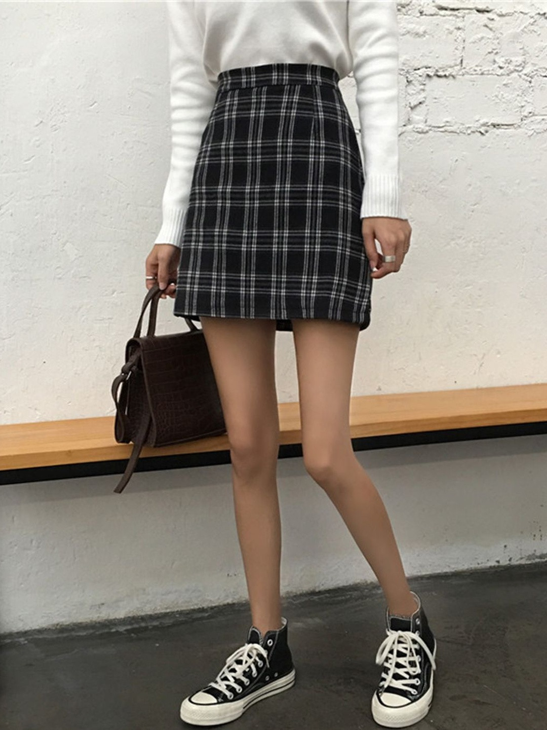 HERE&NOW Women Black & White Checked Midi Cotton A-Line Skirt