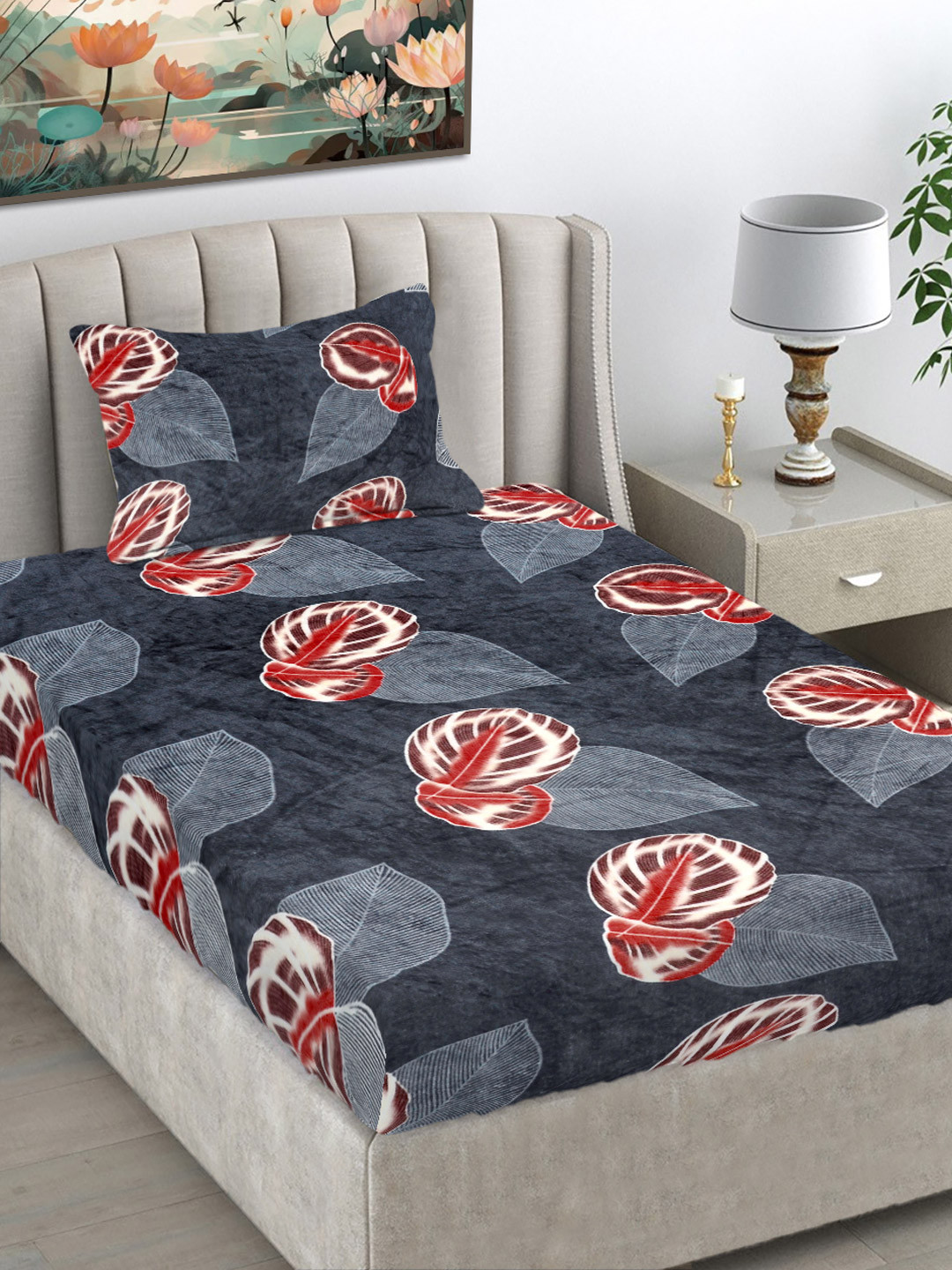 FABINALIV Grey & Red Floral Woollen 300 TC Single Bedsheet Set-2.2mX1.50m