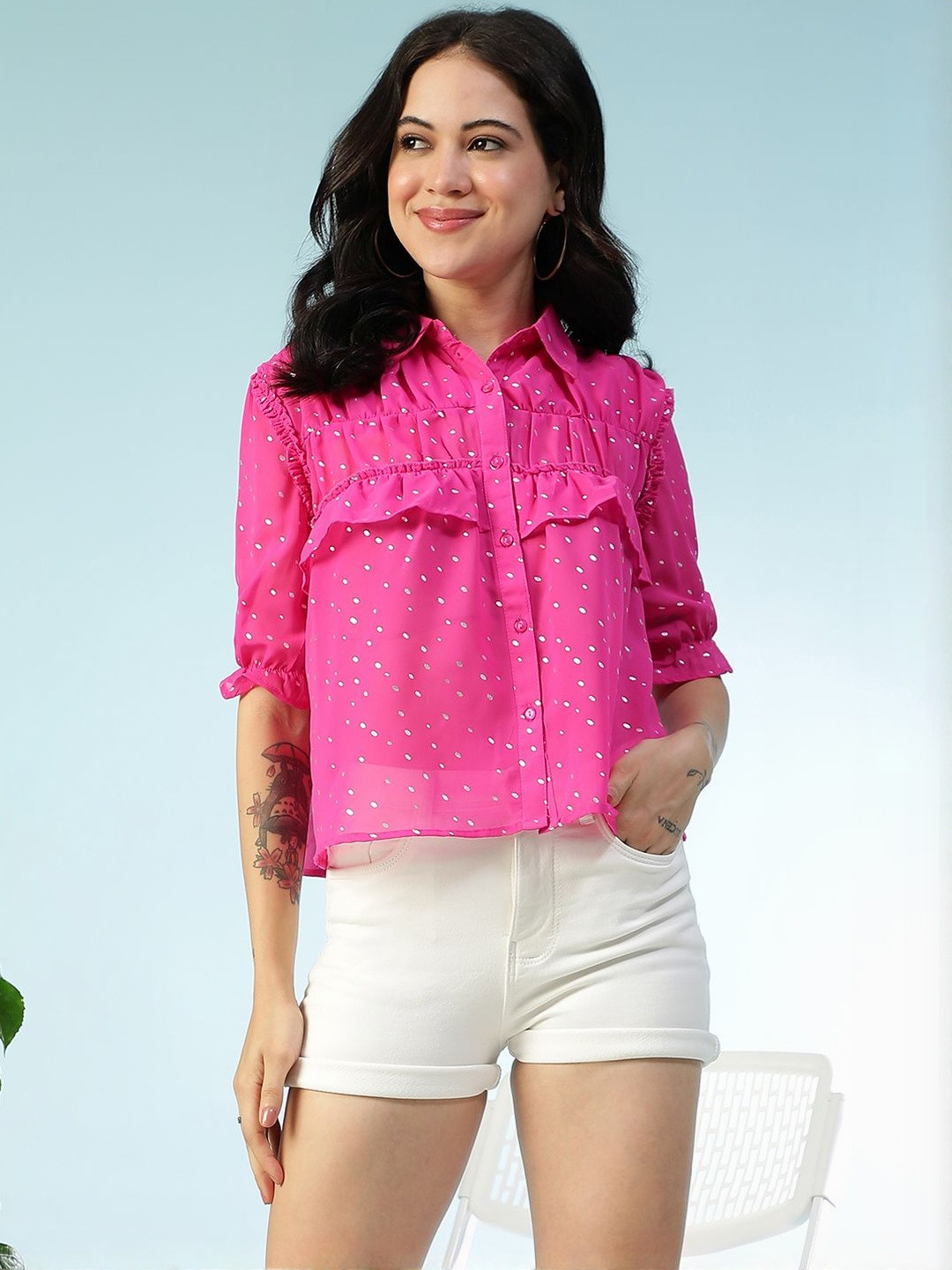 Oxolloxo Women Shirt Collar Polka Dot Print Ruffles Shirt Style Crop Top