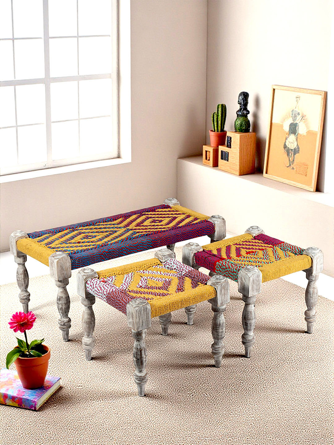 Ikiriya Sheesham Wood Maachi Bench Set With 2 Stools In Multi Colour Chindi & Yellow Rope