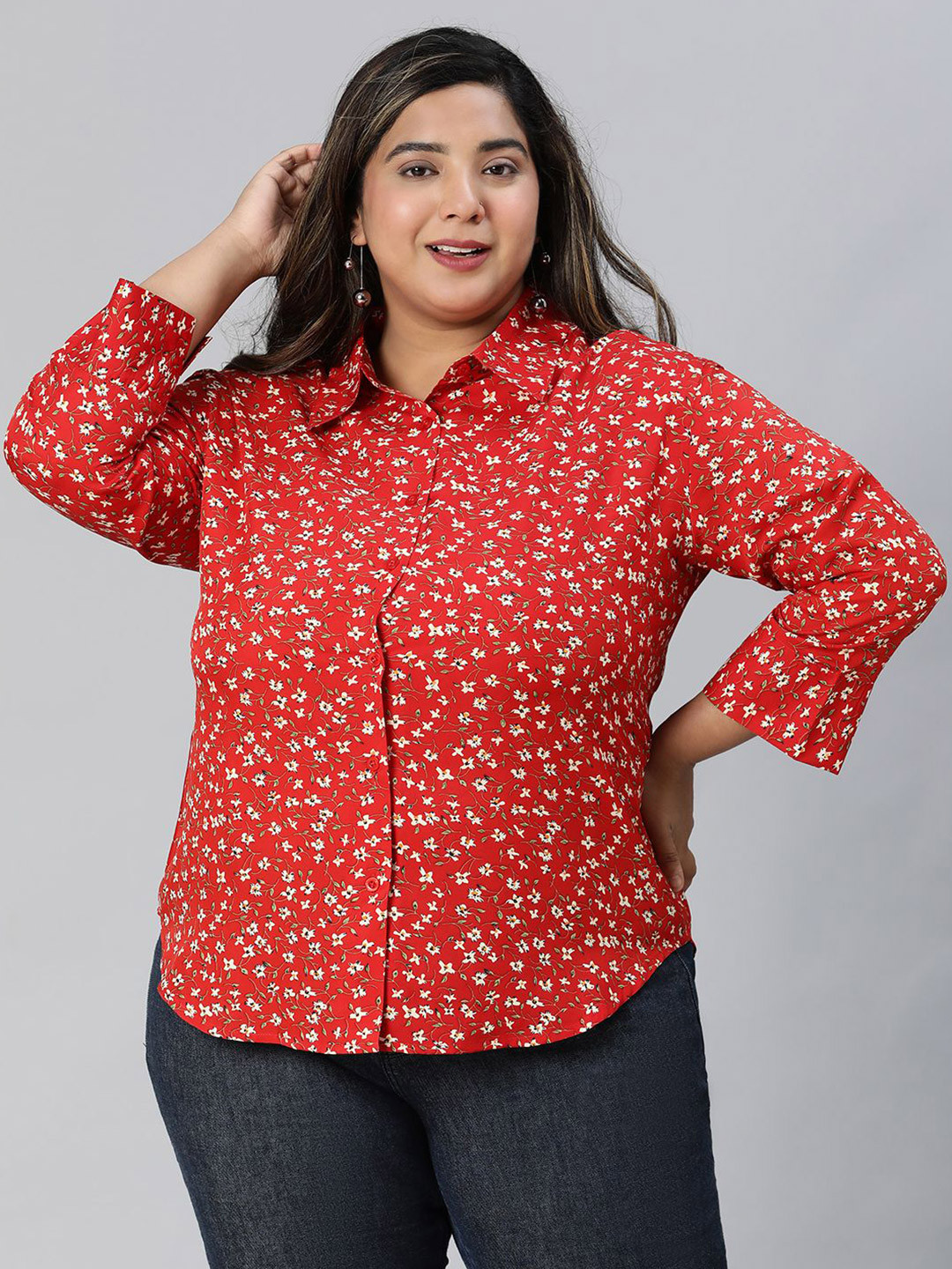 CLOCHOICE Women Plus Size Straight Fit Floral Printed Spread Collar Casual Shirt