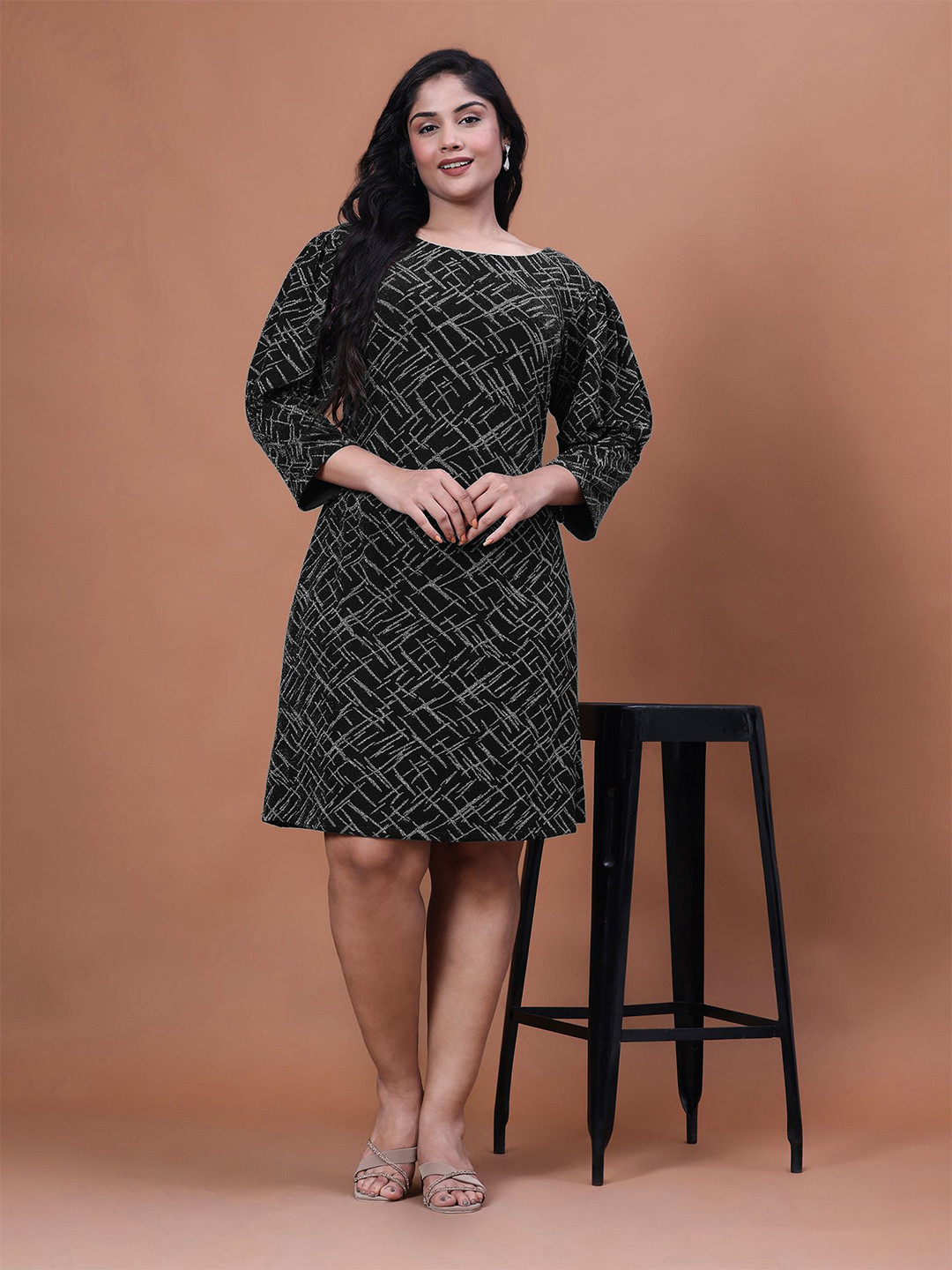 Curvy Lane Women Plus Size Geometric Printed Round Neck A-Line Dress